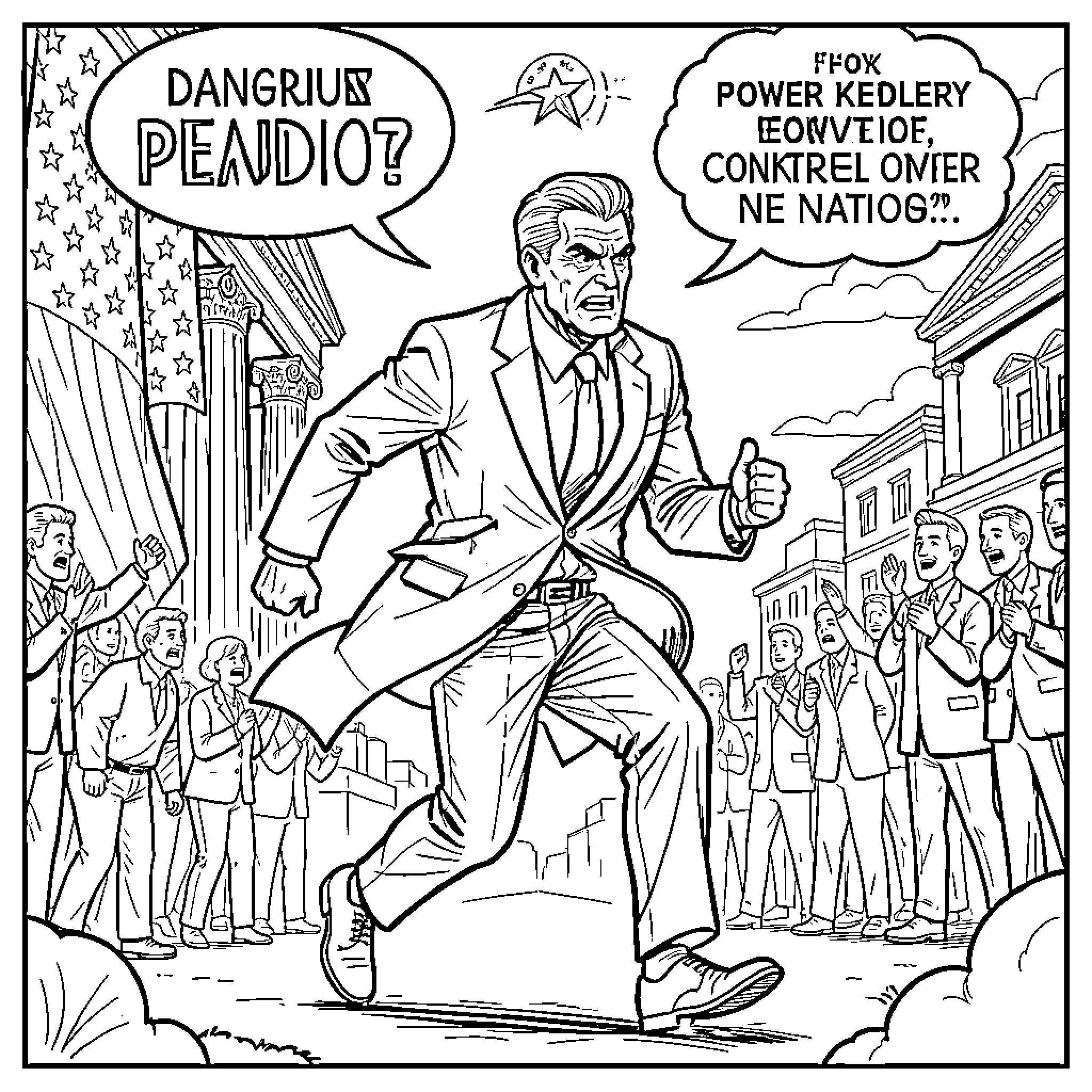 Killer Politician Rallying Supporters in the Street Coloring Page (free black-and-white line drawing printable PDF for all, from beginners to advanced learners, including children, teens, adults, and seniors)