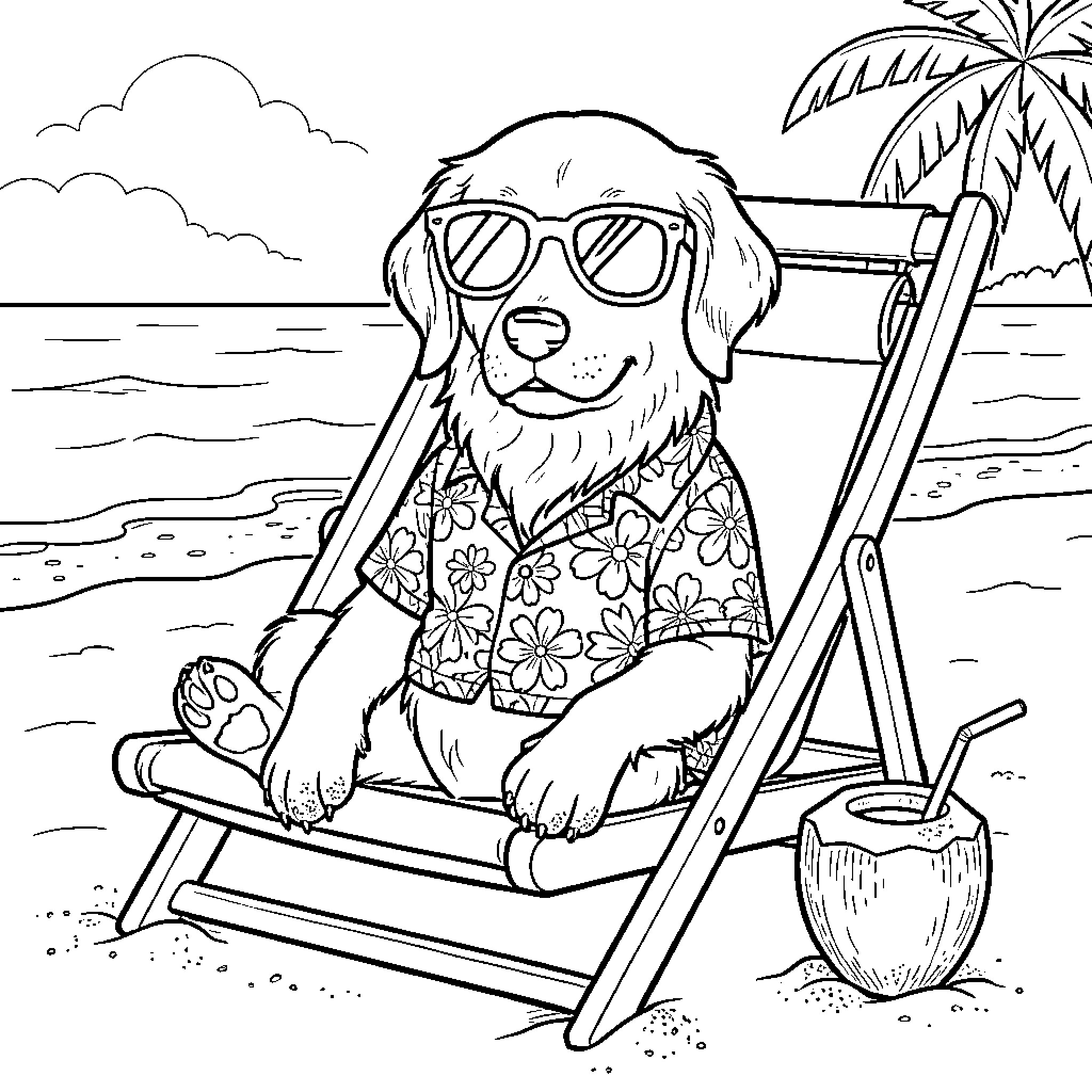 Dog wearing sunglasses and Hawaiian shirt relaxing on beach Coloring Page (free black-and-white line drawing printable PDF for all, from beginners to advanced learners, including children, teens, adults, and seniors)