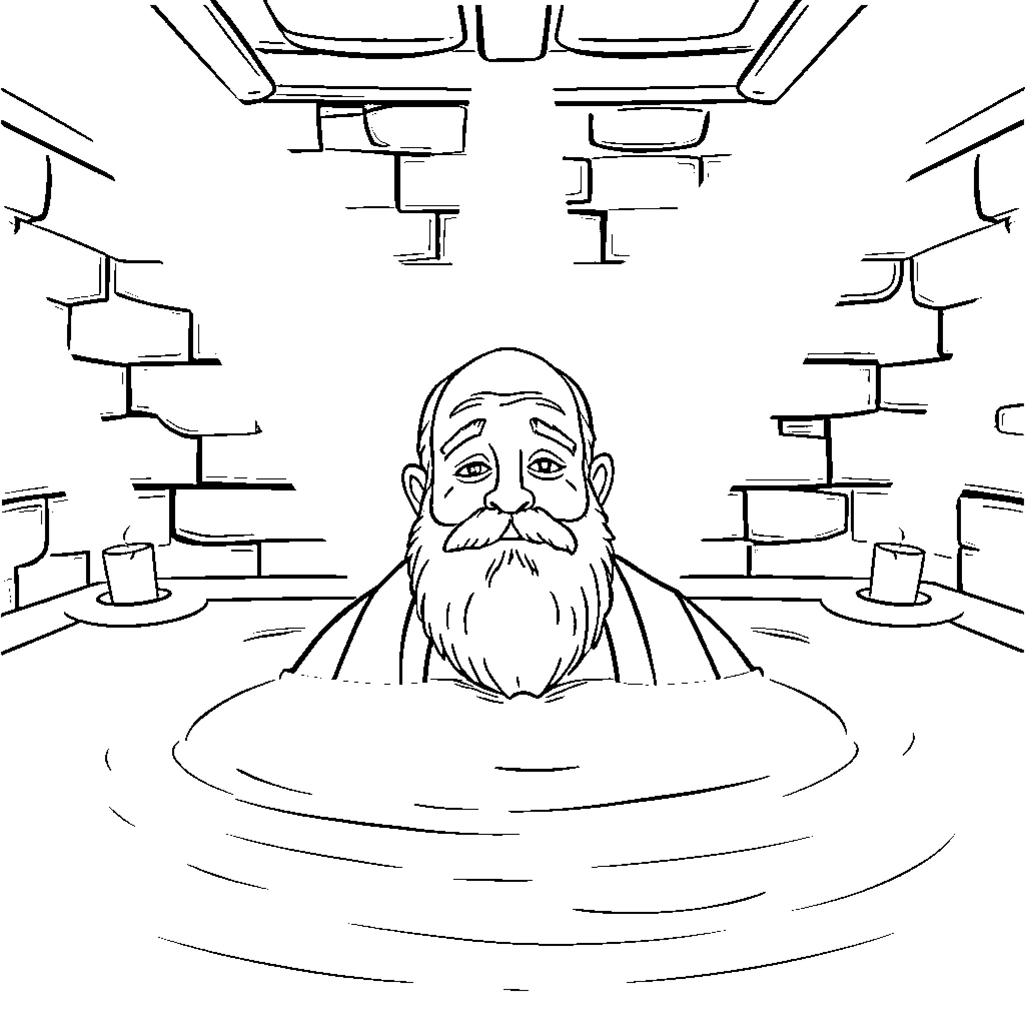 Uncle Moishe relaxing in a mysterious underground bath Coloring Page (free black-and-white line drawing printable PDF for all, from beginners to advanced learners, including children, teens, adults, and seniors)