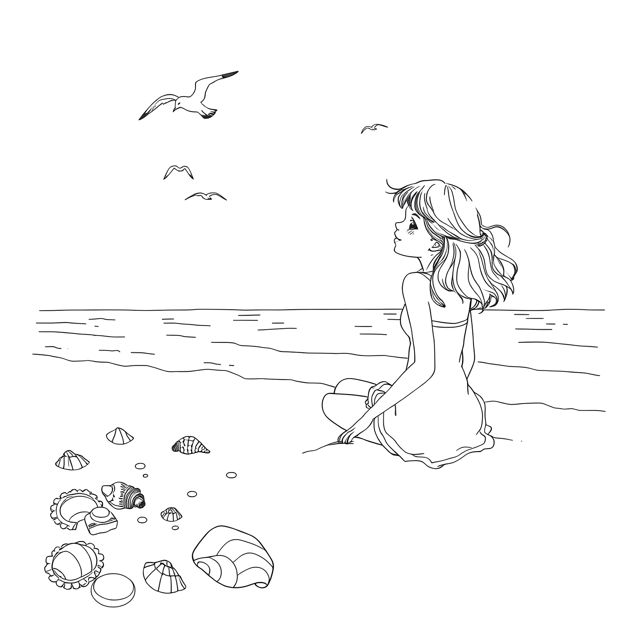 Girl sitting by the sea watching seagulls Coloring Page (free black-and-white line drawing printable PDF for all, from beginners to advanced learners, including children, teens, adults, and seniors)
