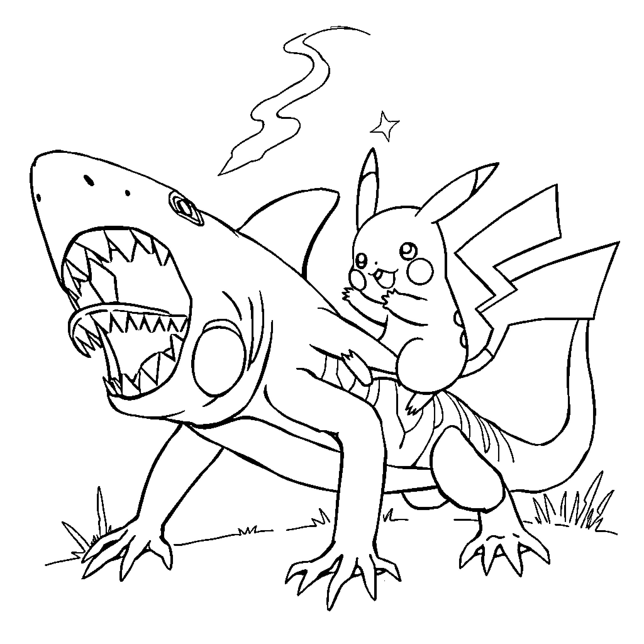 Pikachu facing a ferocious shark Coloring Page (free black-and-white line drawing printable PDF for all, from beginners to advanced learners, including children, teens, adults, and seniors)