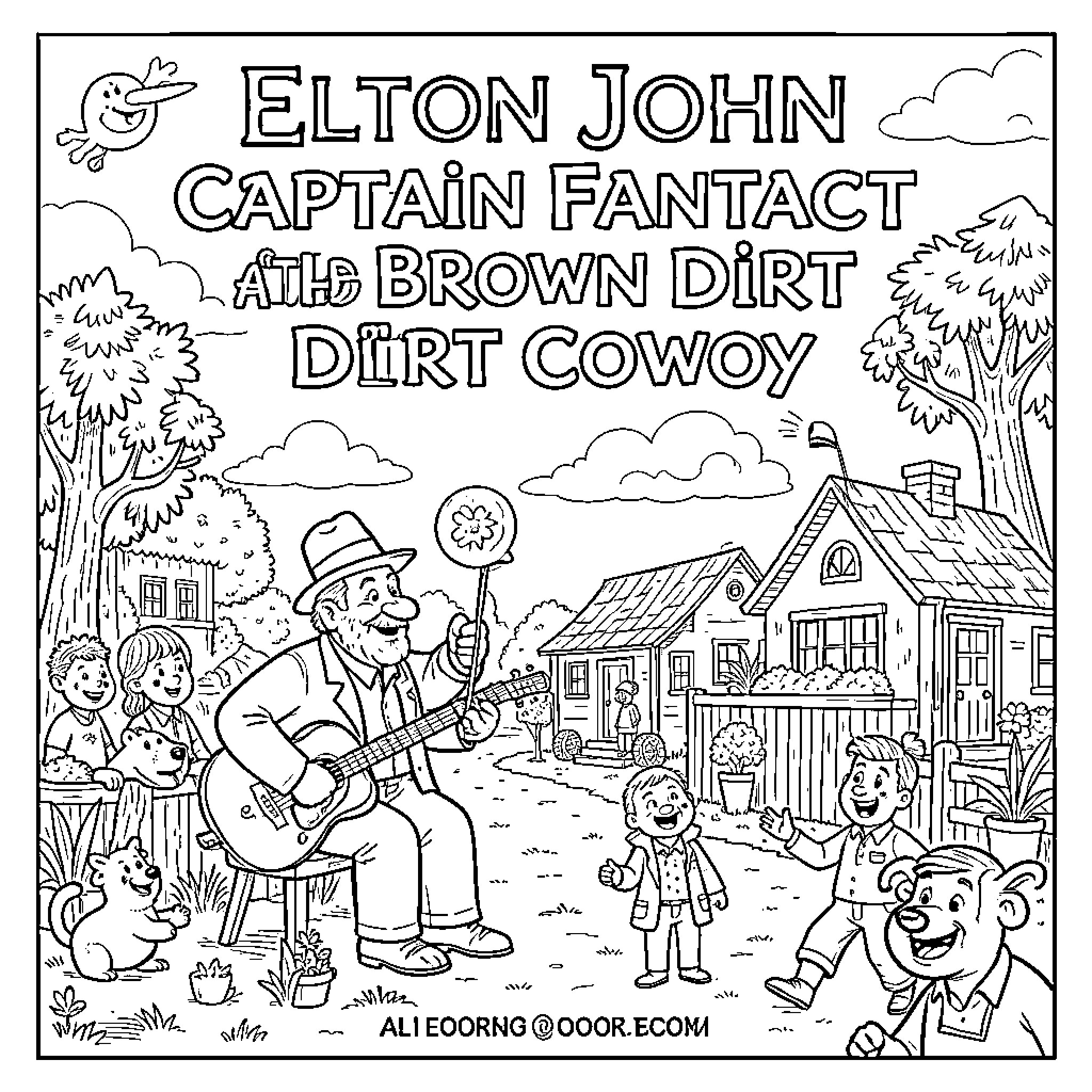Elton John playing guitar and singing in a neighborhood Coloring Page (free black-and-white line drawing printable PDF for all, from beginners to advanced learners, including children, teens, adults, and seniors)