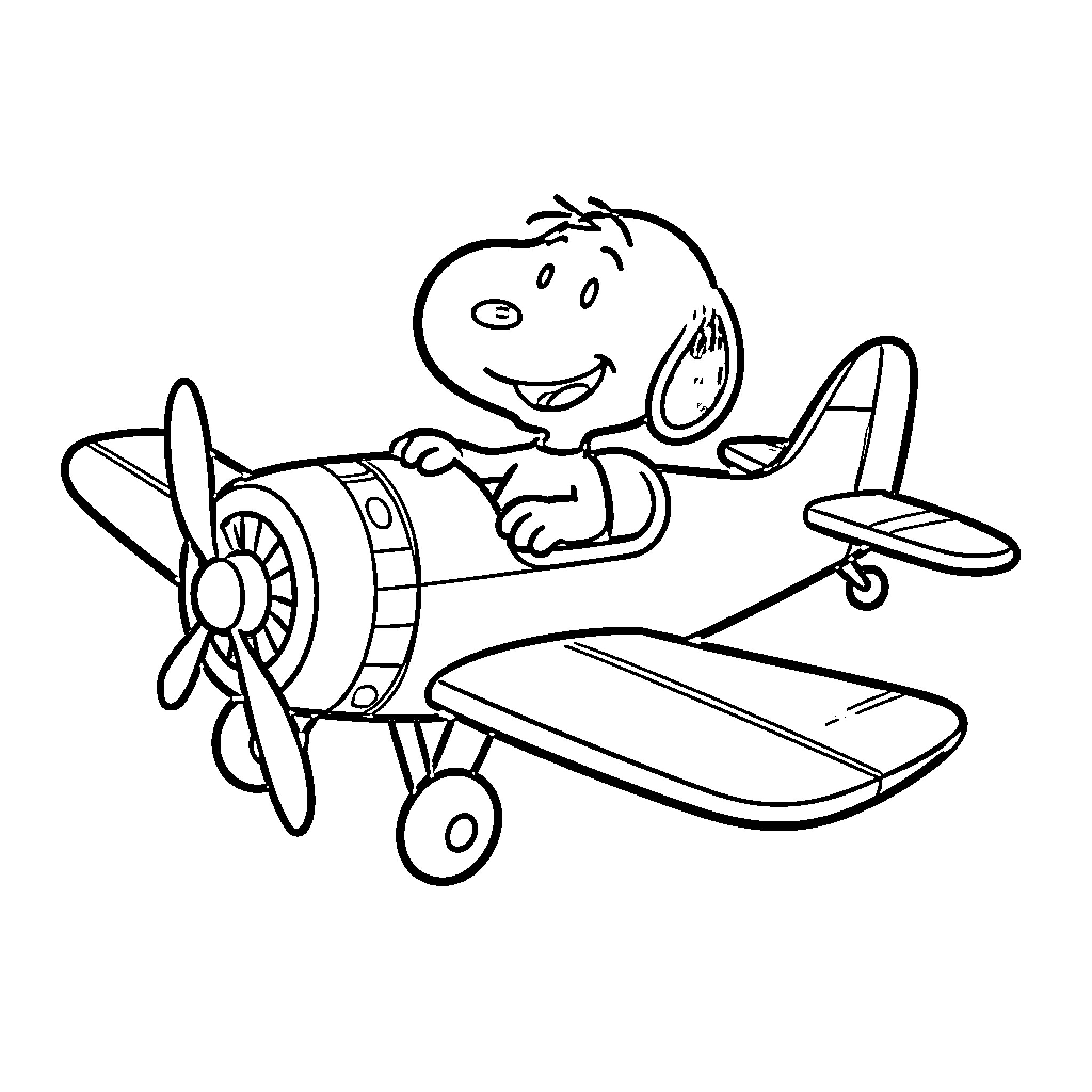 Snoopy Joyfully Piloting Vintage Airplane Coloring Page (free black-and-white line drawing printable PDF for all, from beginners to advanced learners, including children, teens, adults, and seniors)