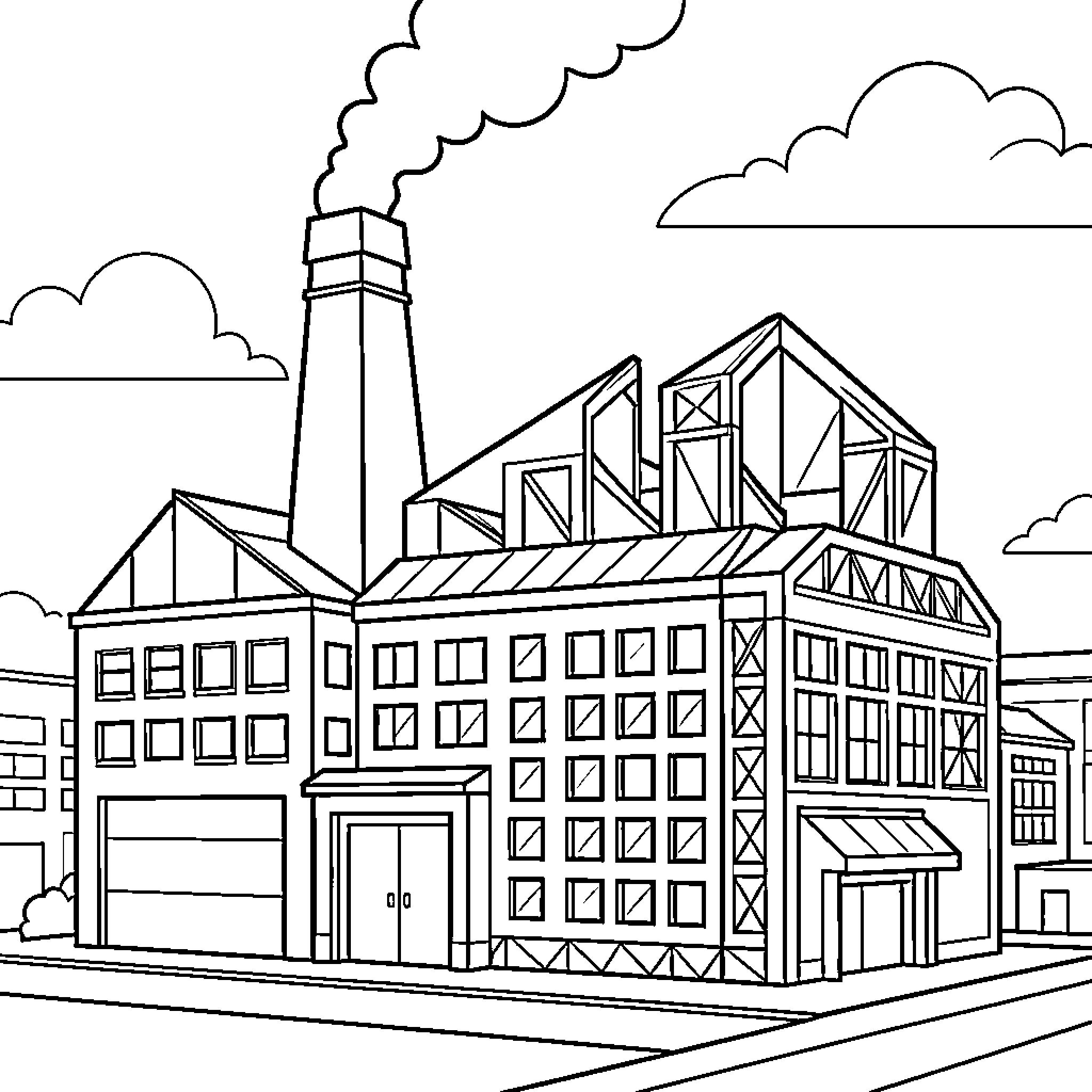 Geometric industrial factory building with smoke rising from chimney Coloring Page (free black-and-white line drawing printable PDF for all, from beginners to advanced learners, including children, teens, adults, and seniors)