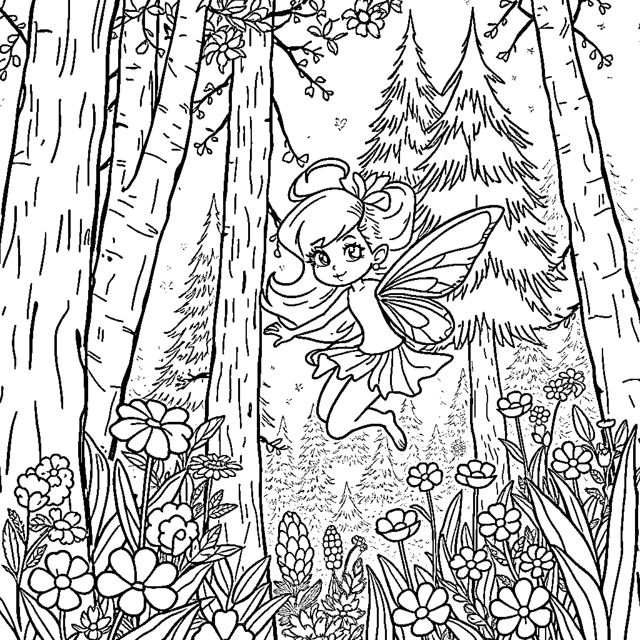 Nymph fluttering amid enchanted forest Coloring Page (free black-and-white line drawing printable PDF for all, from beginners to advanced learners, including children, teens, adults, and seniors)