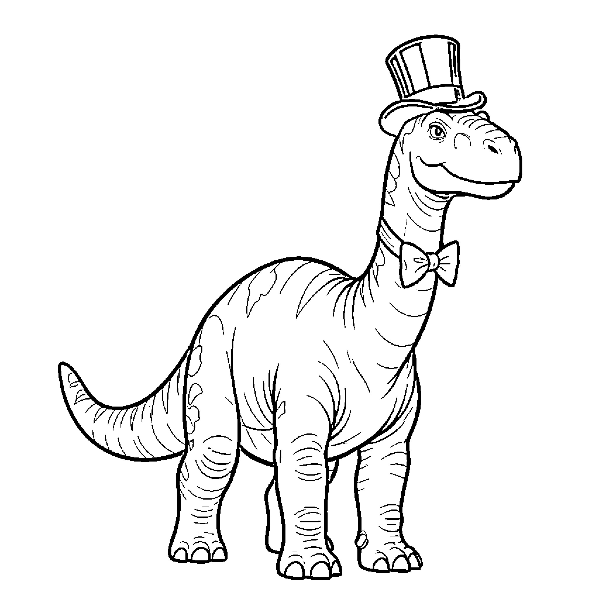 Brontosaurus wearing a top hat and bowtie Coloring Page (free black-and-white line drawing printable PDF for all, from beginners to advanced learners, including children, teens, adults, and seniors)