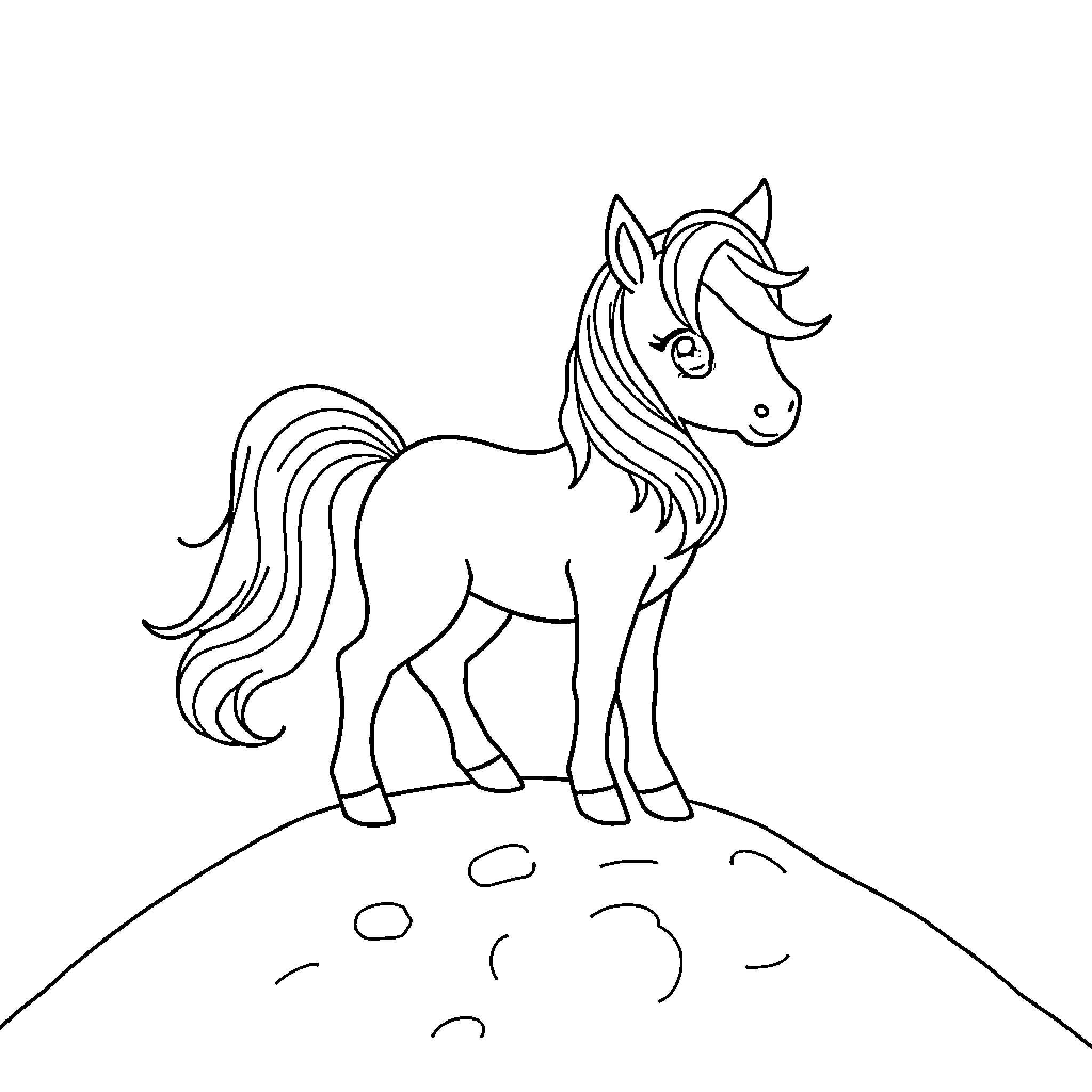 Pony standing proudly on a hill Coloring Page (free black-and-white line drawing printable PDF for all, from beginners to advanced learners, including children, teens, adults, and seniors)