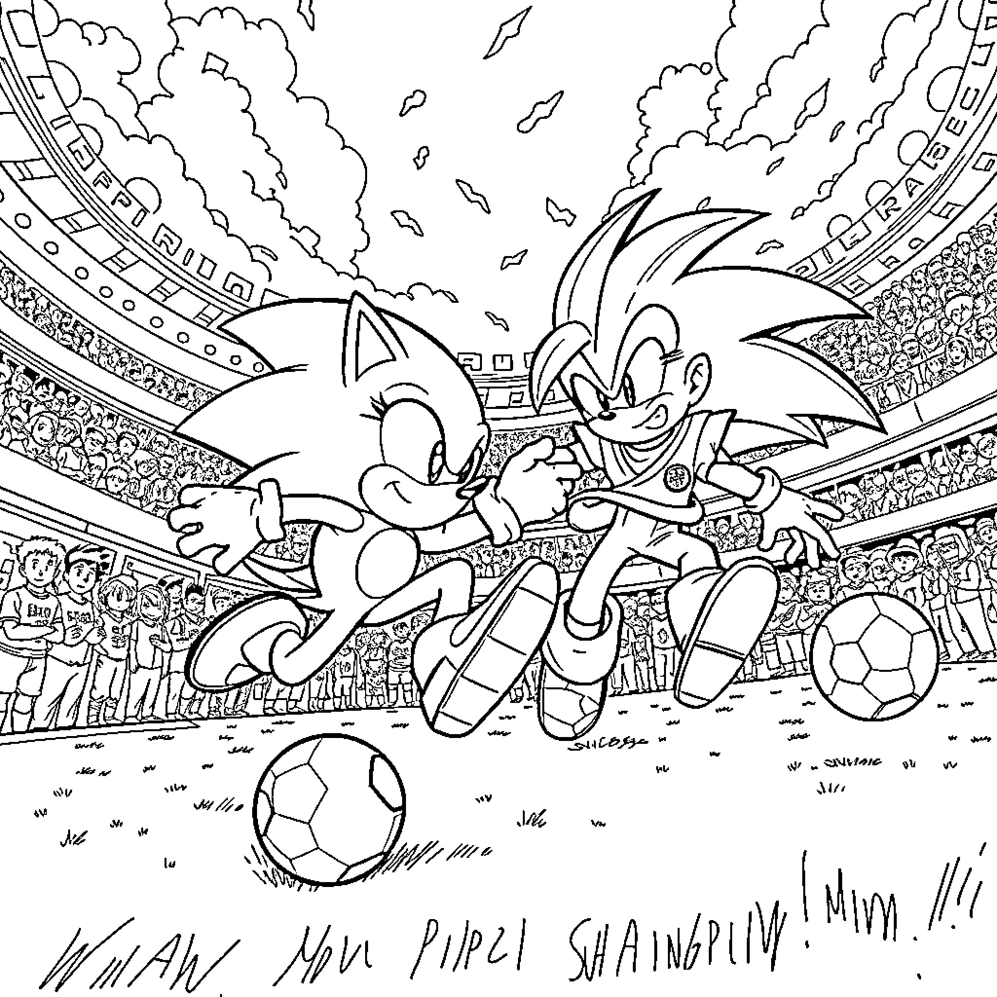 Sonic and friends playing soccer in the stadium Coloring Page (free black-and-white line drawing printable PDF for all, from beginners to advanced learners, including children, teens, adults, and seniors)