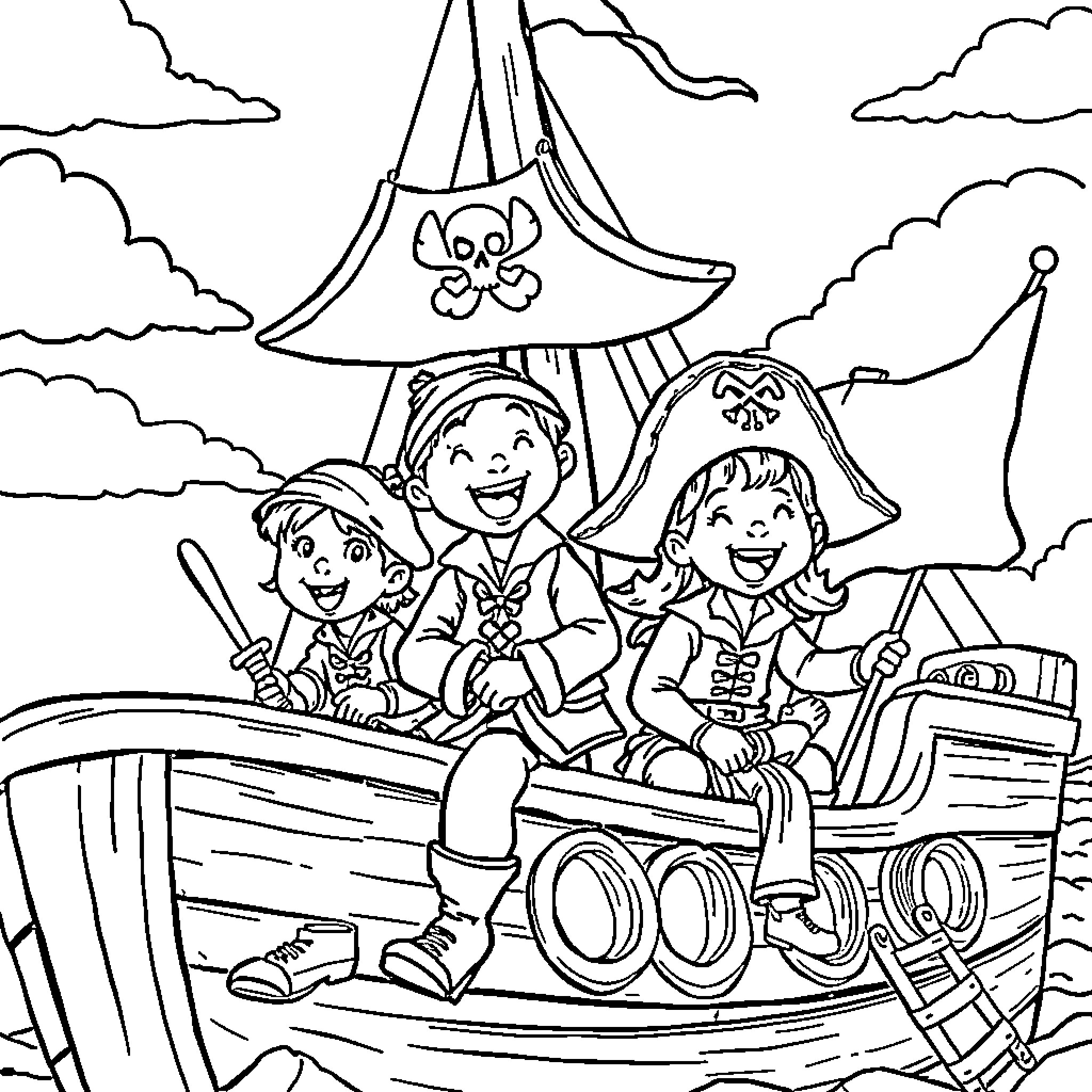 Child Pirates Setting Sail on a Boat Coloring Page (free black-and-white line drawing printable PDF for all, from beginners to advanced learners, including children, teens, adults, and seniors)