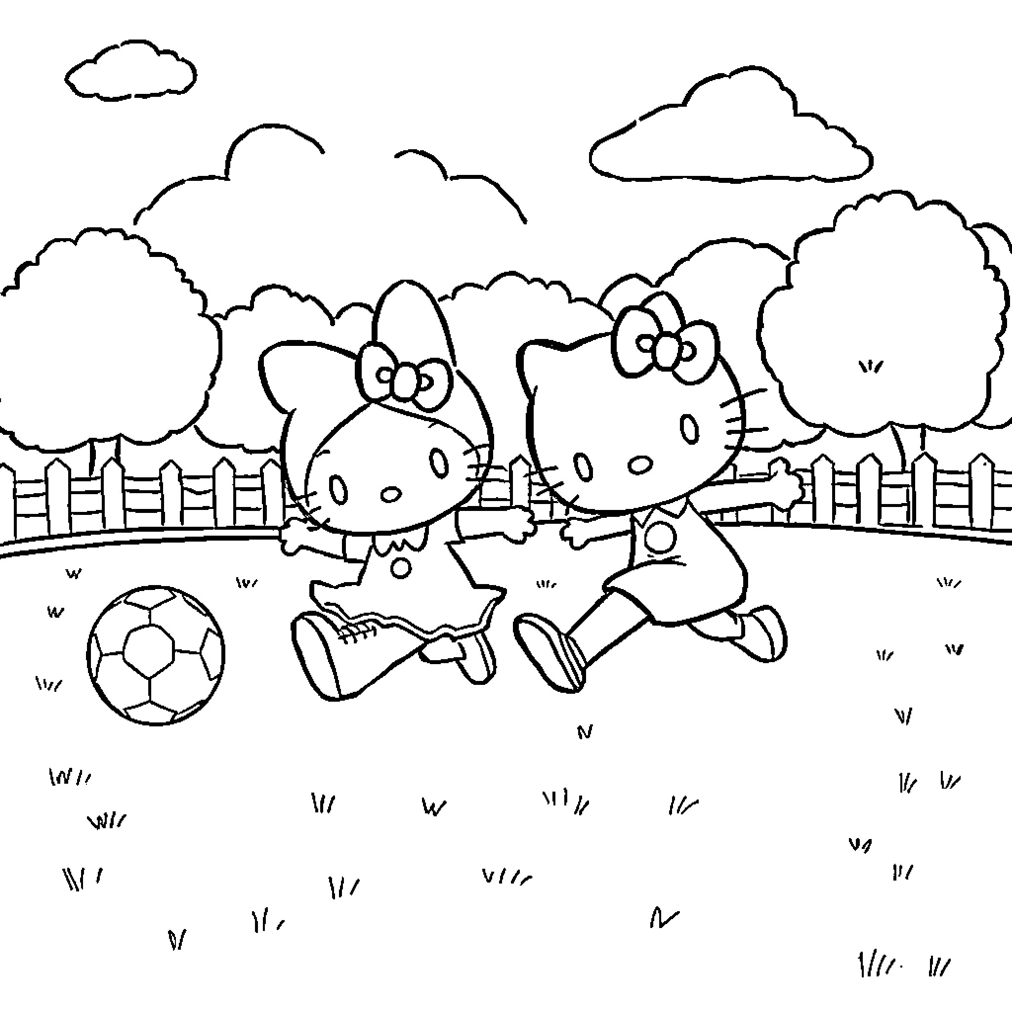My Melody Characters Playing Soccer Outdoors Coloring Page (free black-and-white line drawing printable PDF for all, from beginners to advanced learners, including children, teens, adults, and seniors)