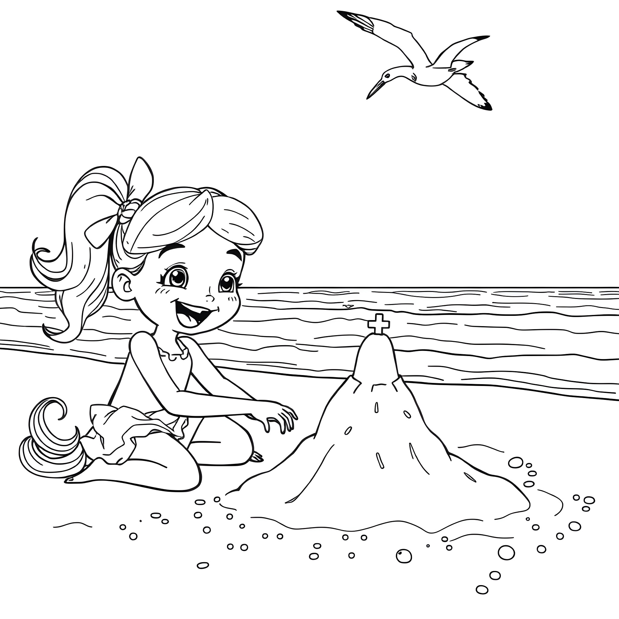 Bluey builds a sandcastle with seagull friend Coloring Page (free black-and-white line drawing printable PDF for all, from beginners to advanced learners, including children, teens, adults, and seniors)