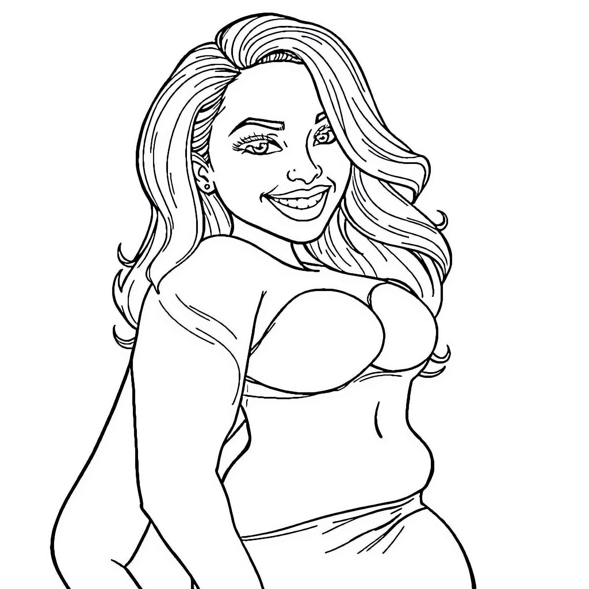 Latina Woman Smiling Confidently Coloring Page (free black-and-white line drawing printable PDF for all, from beginners to advanced learners, including children, teens, adults, and seniors)