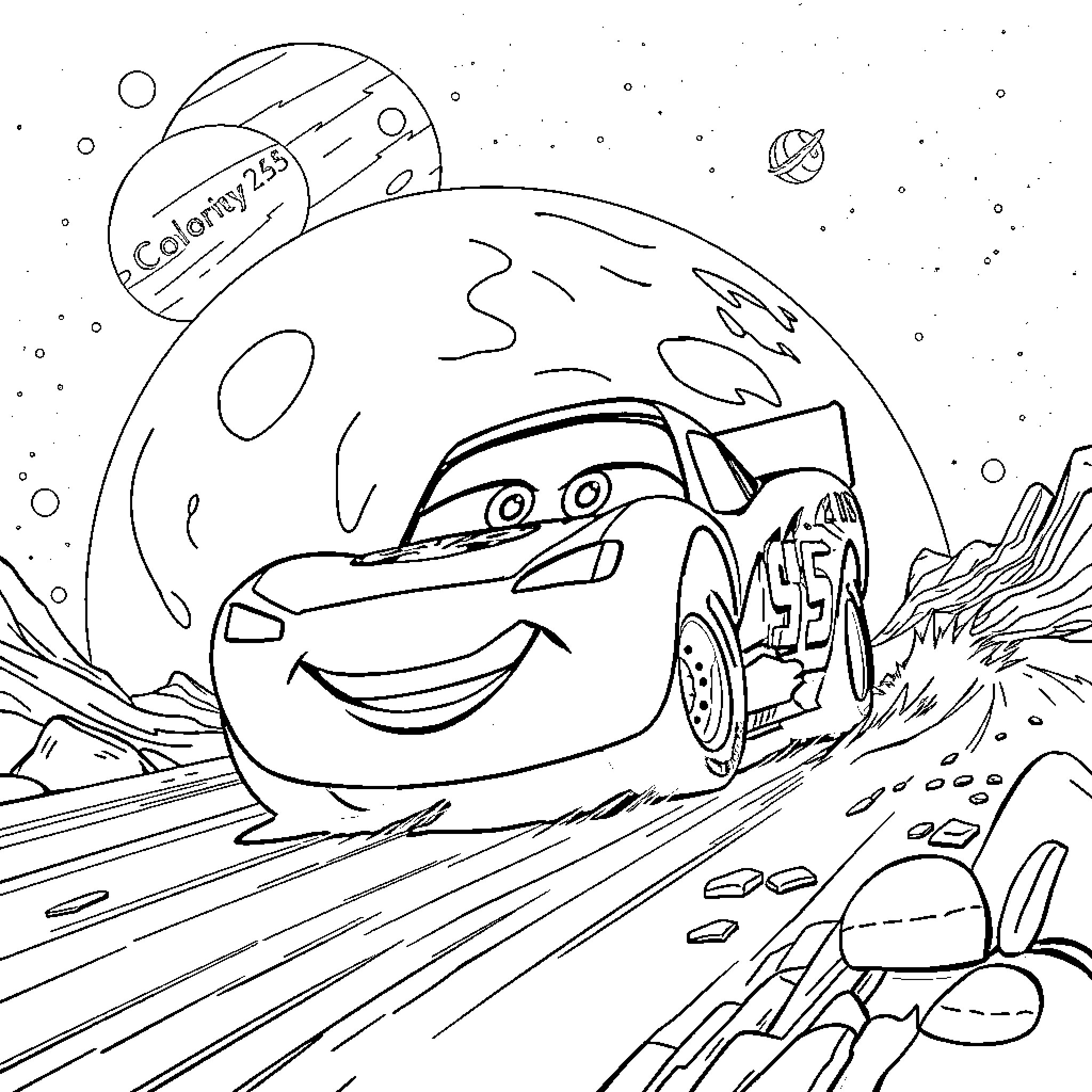 Rayo McQueen's Interstellar Adventure Coloring Page (free black-and-white line drawing printable PDF for all, from beginners to advanced learners, including children, teens, adults, and seniors)
