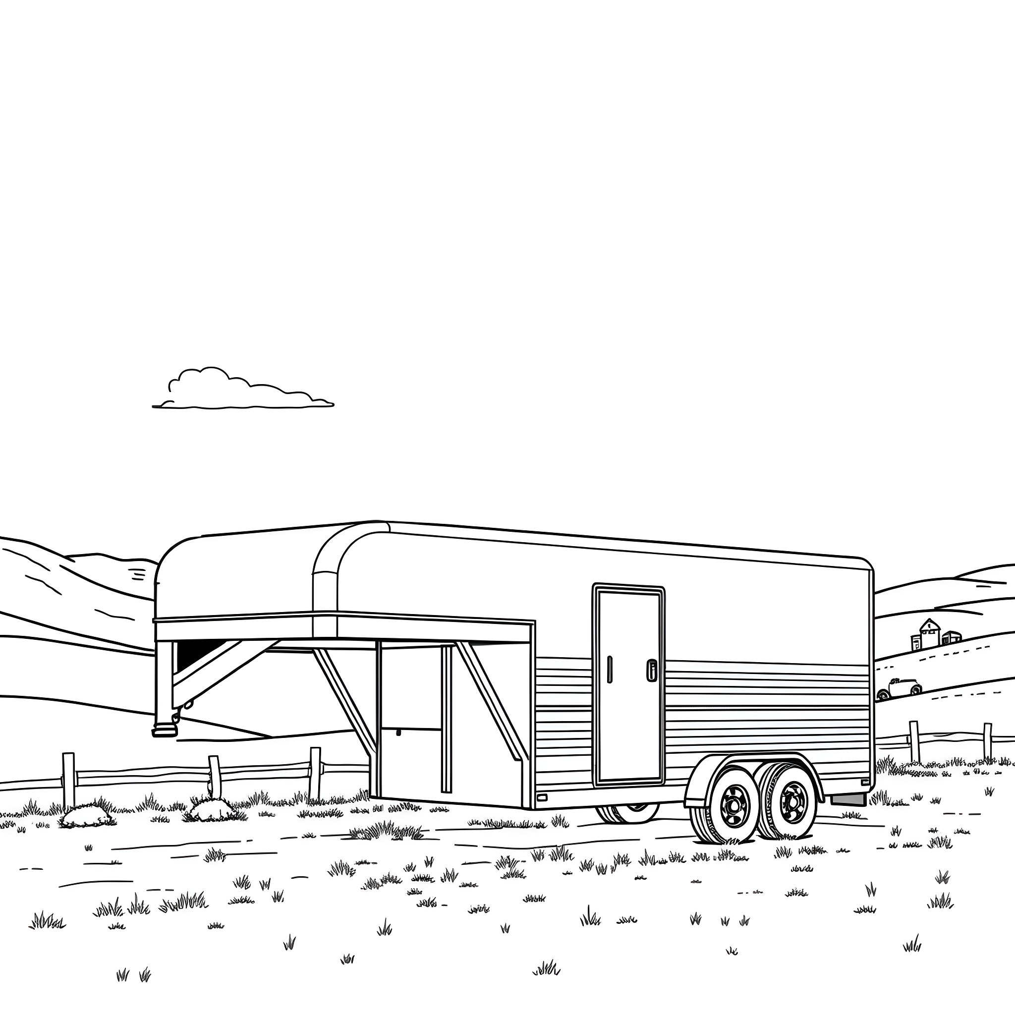 Gooseneck Trailer in Outdoor Landscape Coloring Page (free black-and-white line drawing printable PDF for all, from beginners to advanced learners, including children, teens, adults, and seniors)