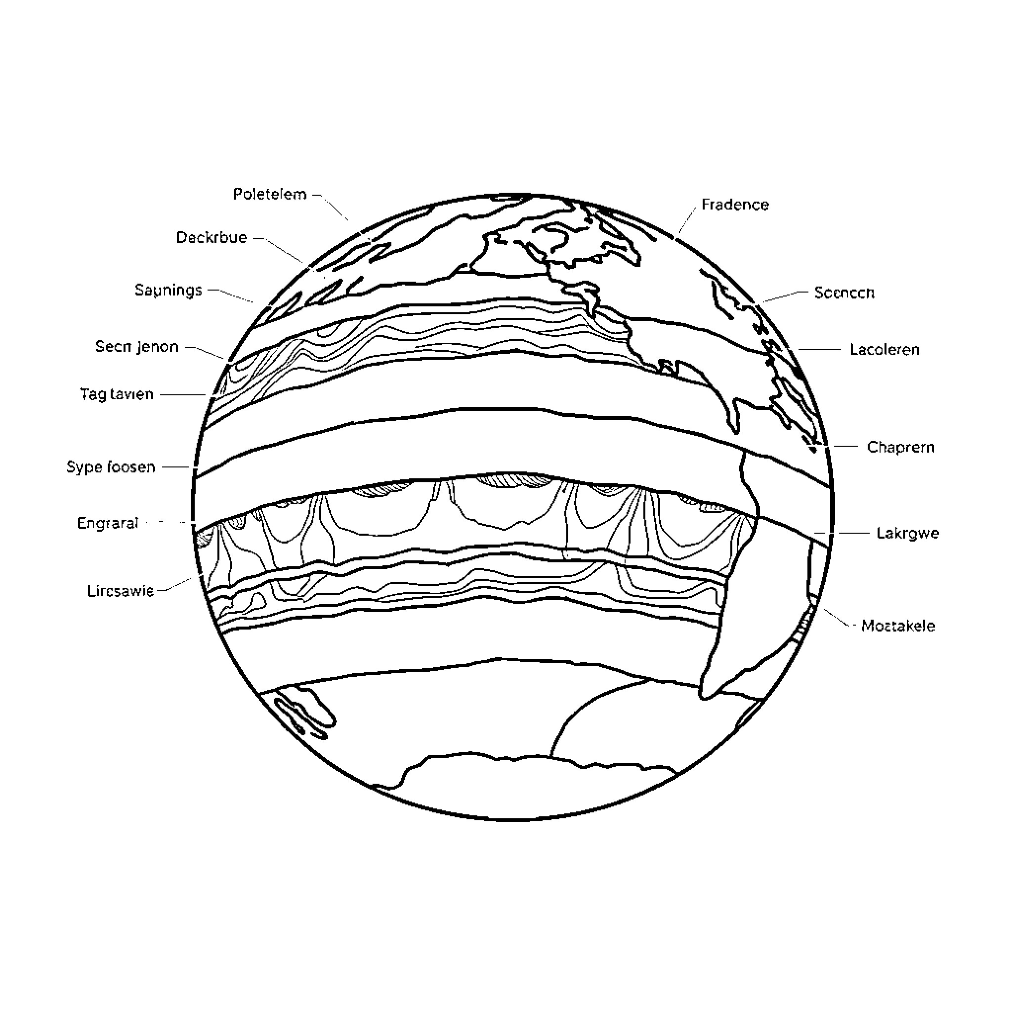 Earth Layers Depicted in Detailed Diagram Coloring Page (free black-and-white line drawing printable PDF for all, from beginners to advanced learners, including children, teens, adults, and seniors)