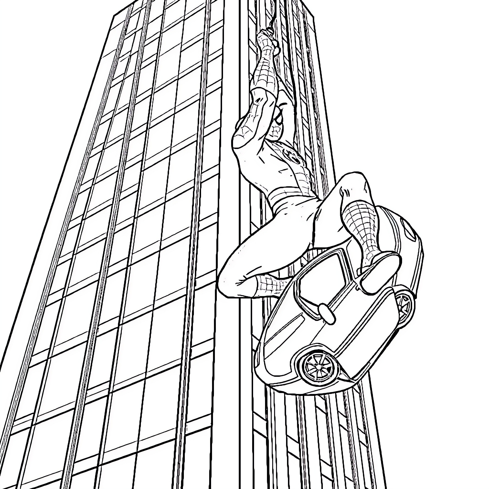 Spiderman scaling the city skyscraper Coloring Page (free black-and-white line drawing printable PDF for all, from beginners to advanced learners, including children, teens, adults, and seniors)