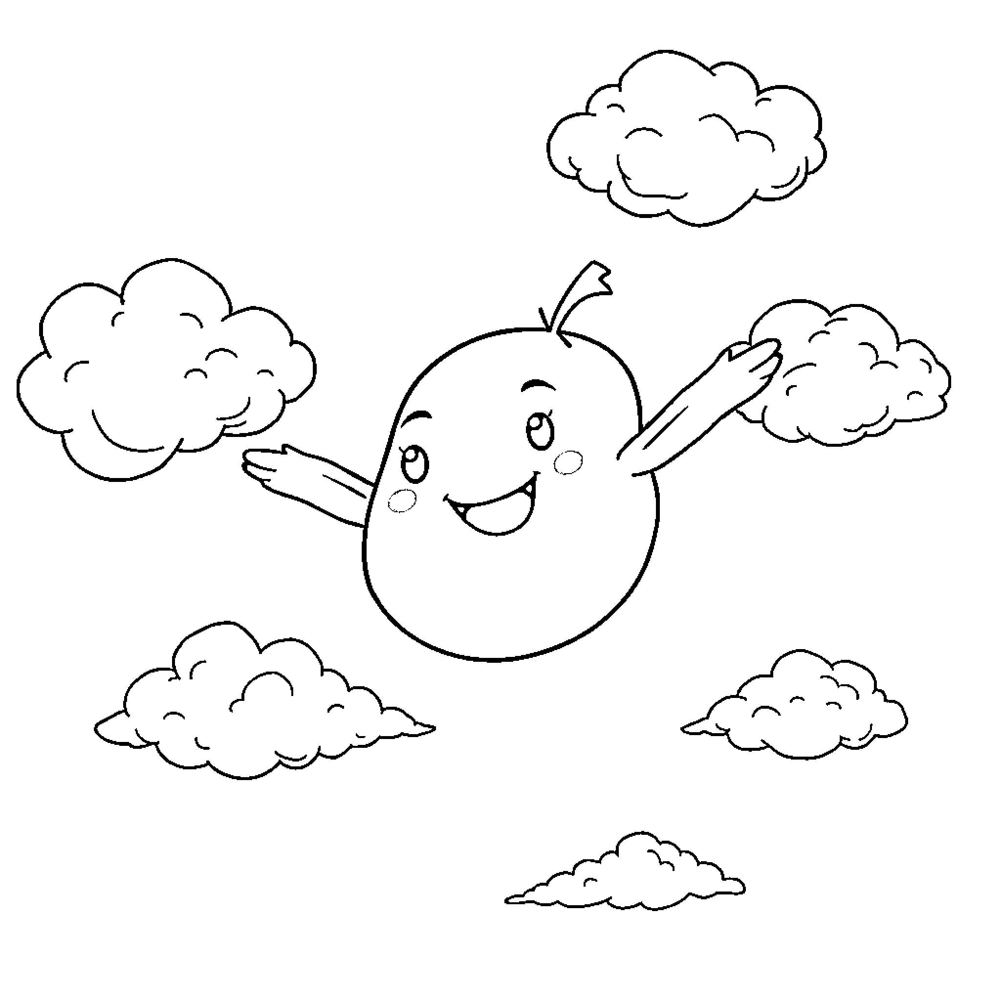 Potato playing happily with clouds in the sky Coloring Page (free black-and-white line drawing printable PDF for all, from beginners to advanced learners, including children, teens, adults, and seniors)