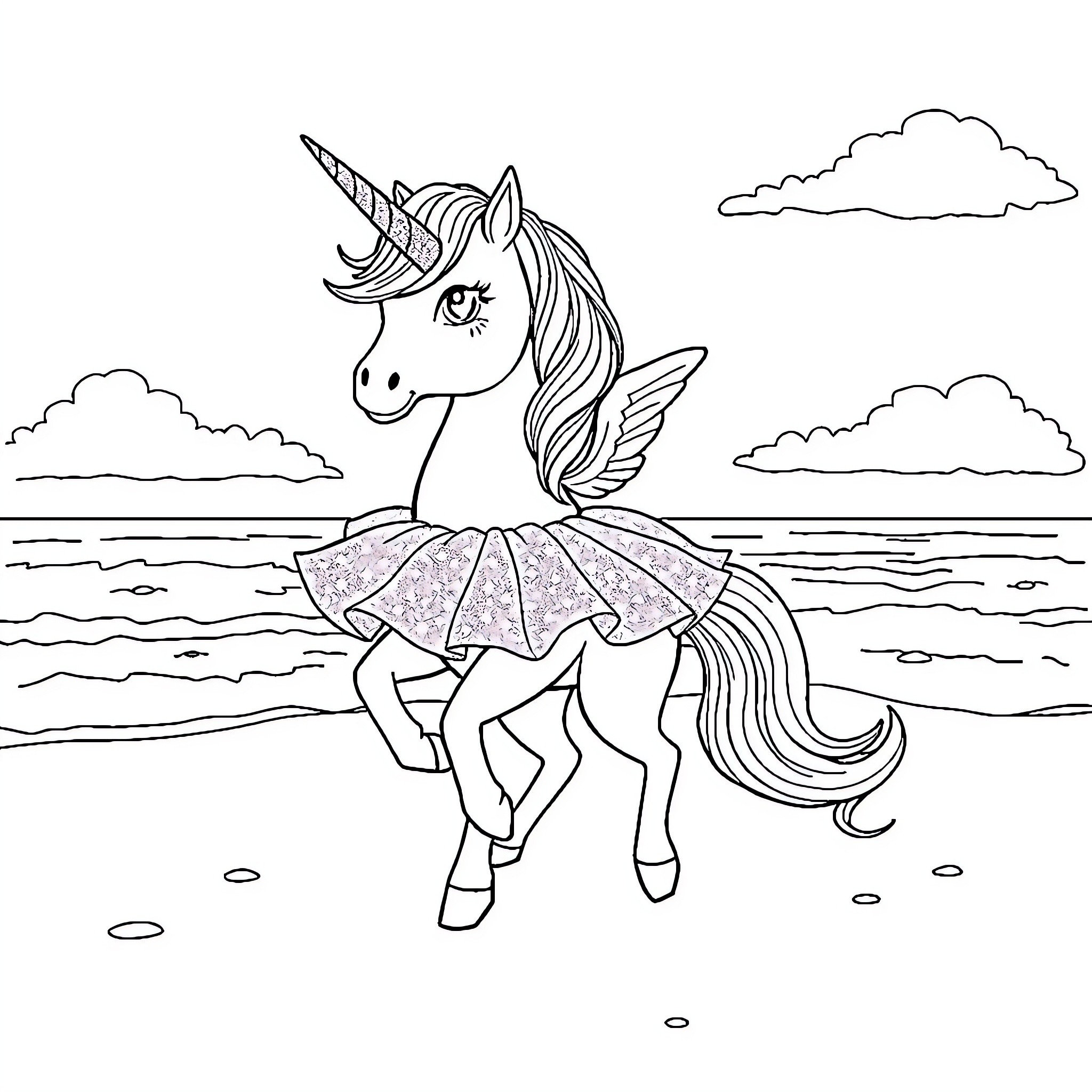 Unicorn frolicking by the seaside Coloring Page (free black-and-white line drawing printable PDF for all, from beginners to advanced learners, including children, teens, adults, and seniors)