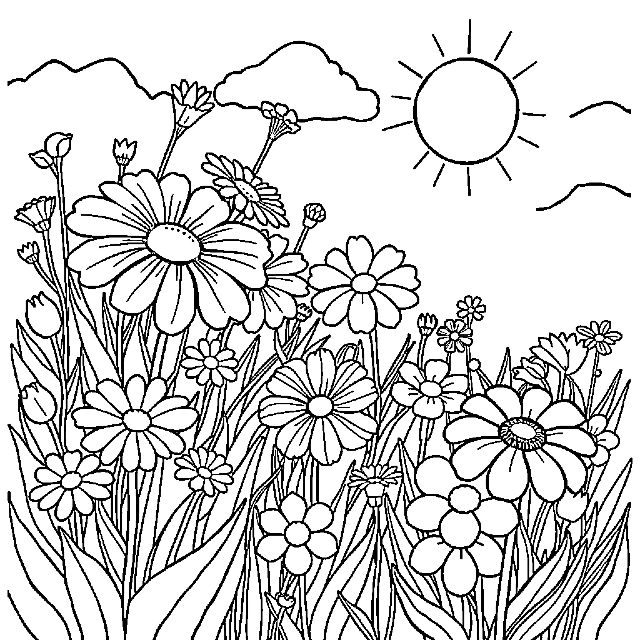 Flower Garden with Blooming Flowers under Sunny Sky Coloring Page (free black-and-white line drawing printable PDF for all, from beginners to advanced learners, including children, teens, adults, and seniors)