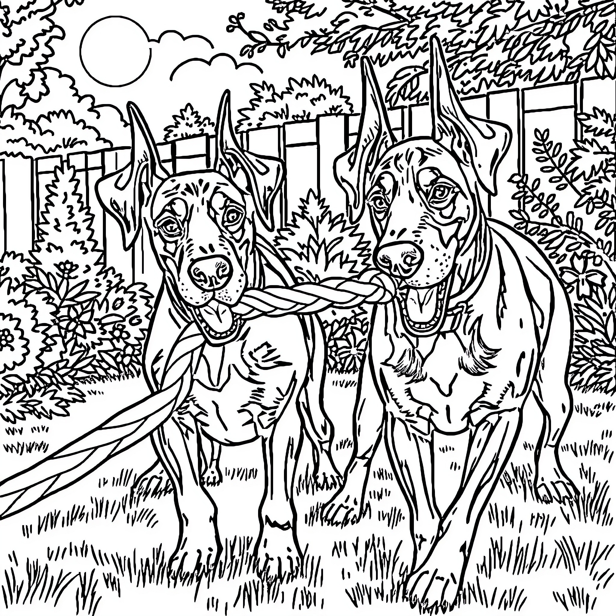 Doberman companions exploring lush outdoor setting Coloring Page (free black-and-white line drawing printable PDF for all, from beginners to advanced learners, including children, teens, adults, and seniors)