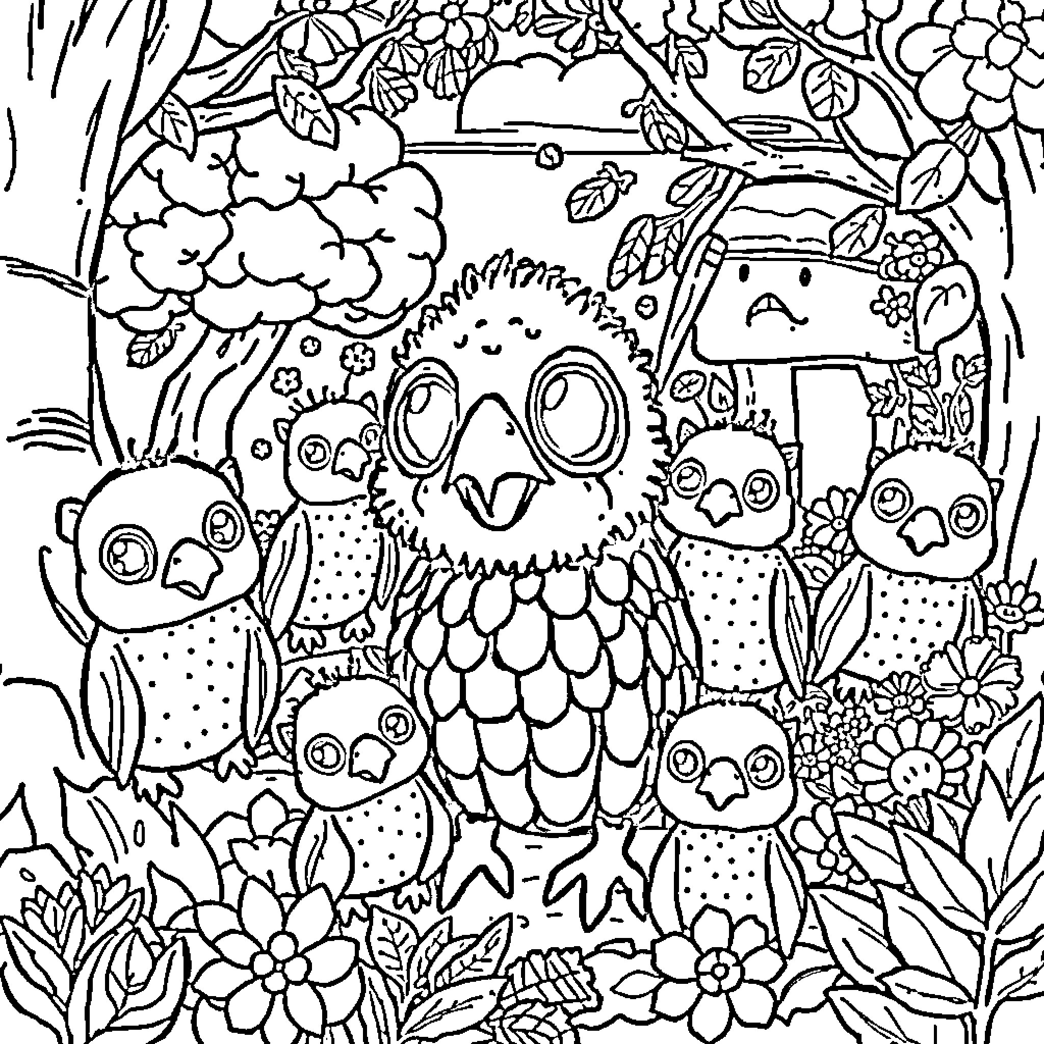 Labubu's Playful Owl Family in the Lush Forest Coloring Page (free black-and-white line drawing printable PDF for all, from beginners to advanced learners, including children, teens, adults, and seniors)
