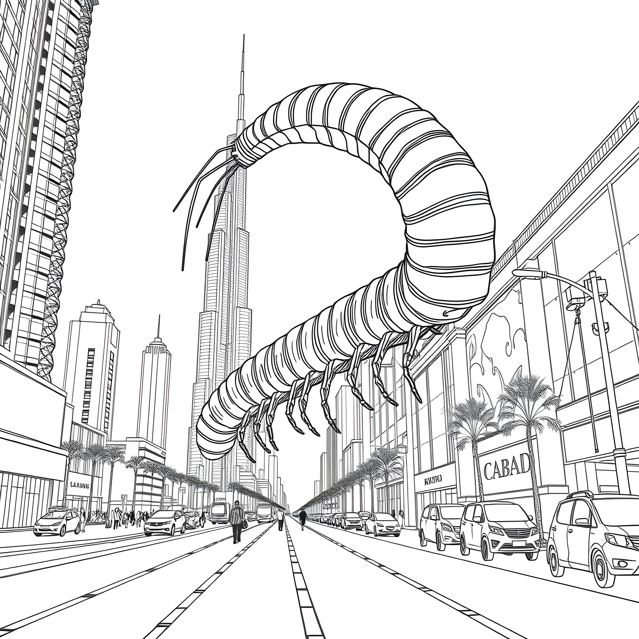 Centipede structure in a modern city landscape Coloring Page (free black-and-white line drawing printable PDF for all, from beginners to advanced learners, including children, teens, adults, and seniors)