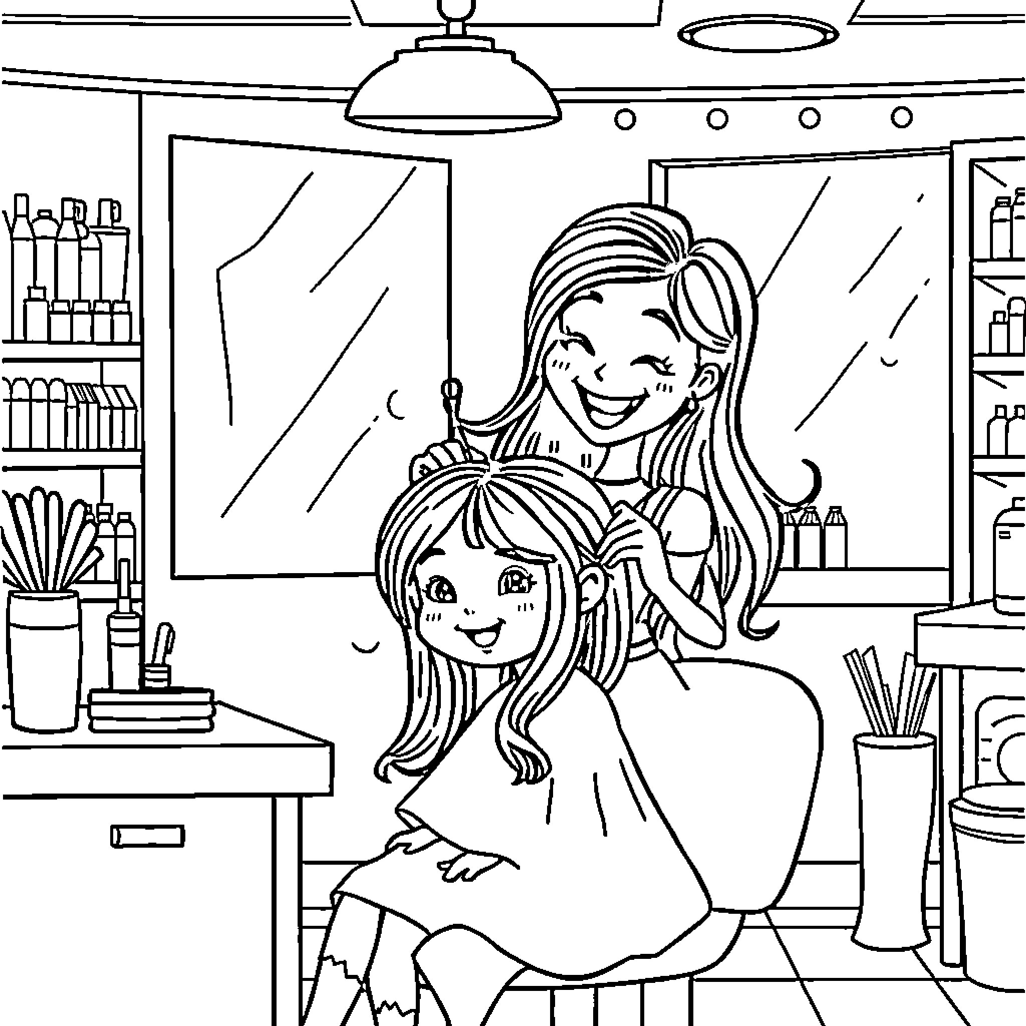 Hairdresser smiling as she styles a client's hair Coloring Page (free black-and-white line drawing printable PDF for all, from beginners to advanced learners, including children, teens, adults, and seniors)