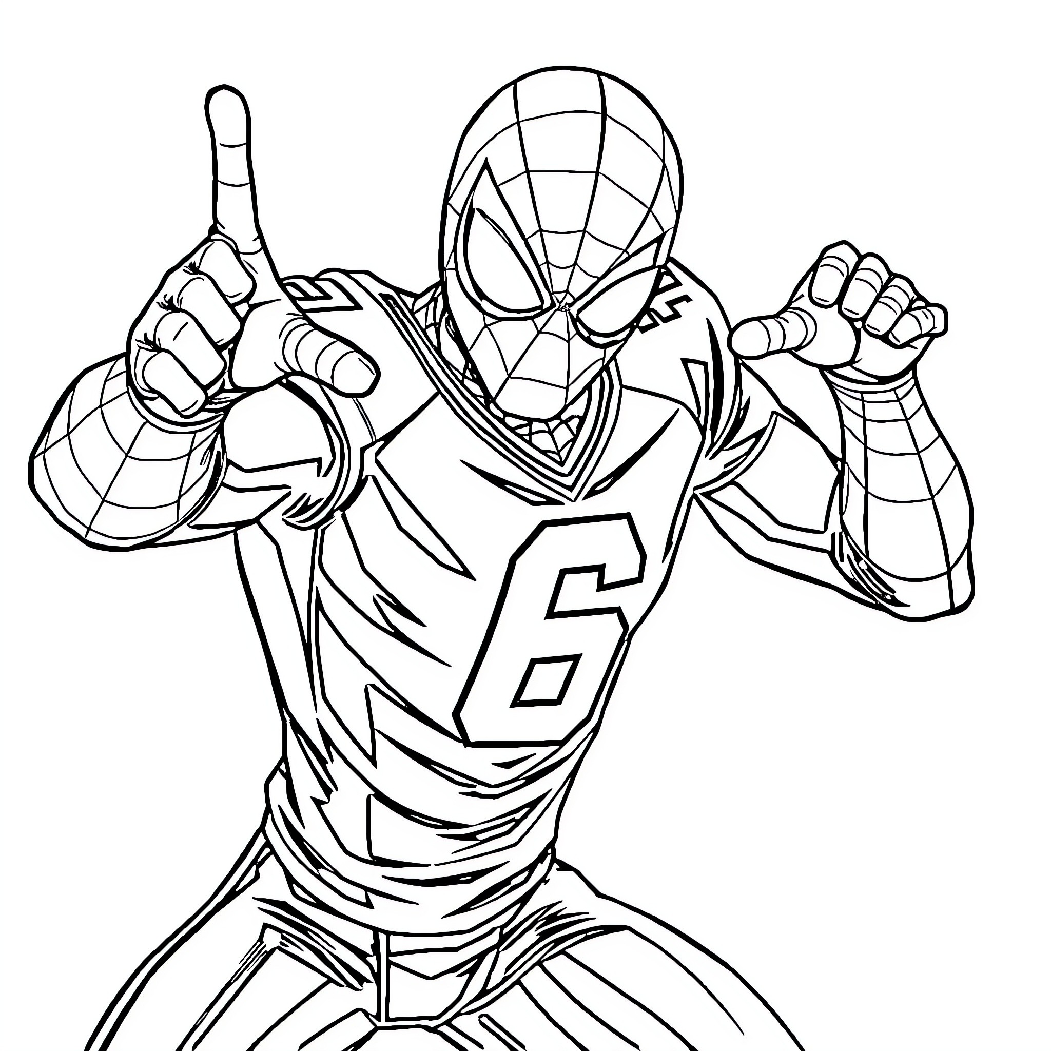 Spiderman in heroic action pose Coloring Page (free black-and-white line drawing printable PDF for all, from beginners to advanced learners, including children, teens, adults, and seniors)