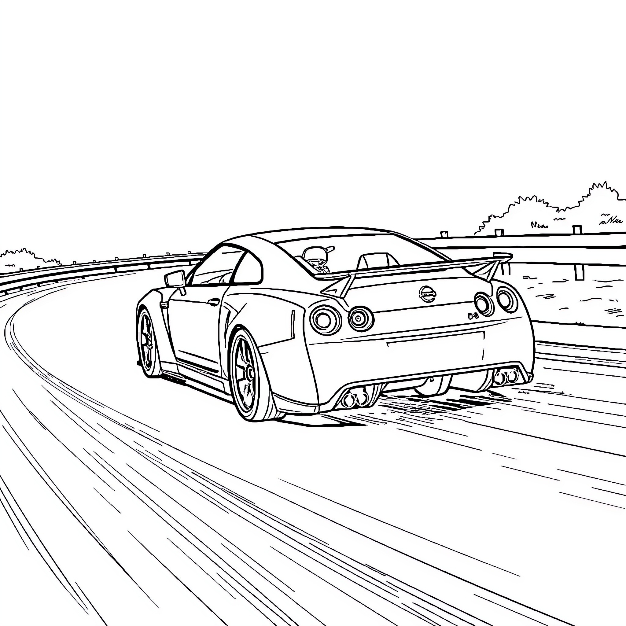 Nissan sports car speeding on the highway Coloring Page (free black-and-white line drawing printable PDF for all, from beginners to advanced learners, including children, teens, adults, and seniors)