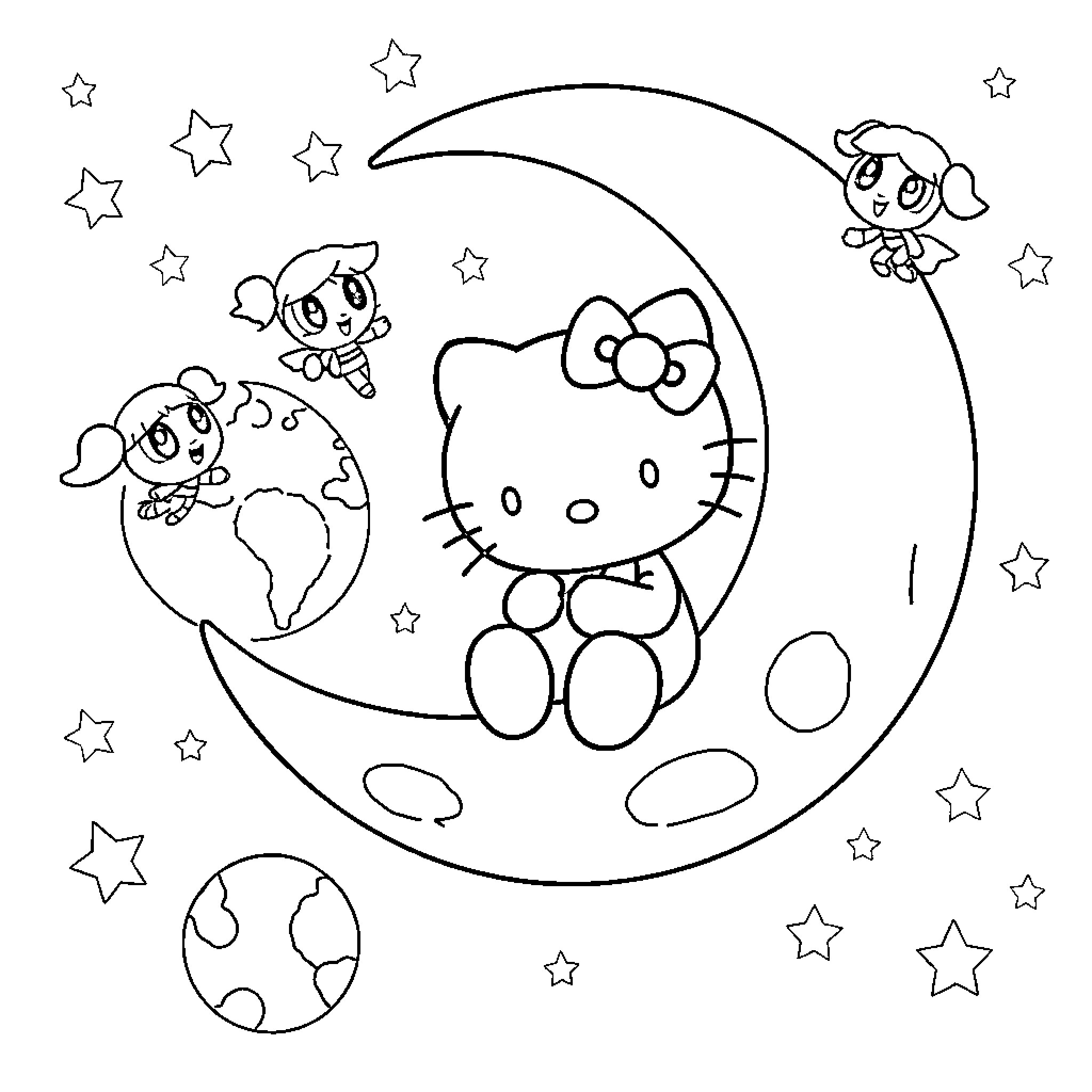 Hello Kitty playing on the moon with stars Coloring Page (free black-and-white line drawing printable PDF for all, from beginners to advanced learners, including children, teens, adults, and seniors)