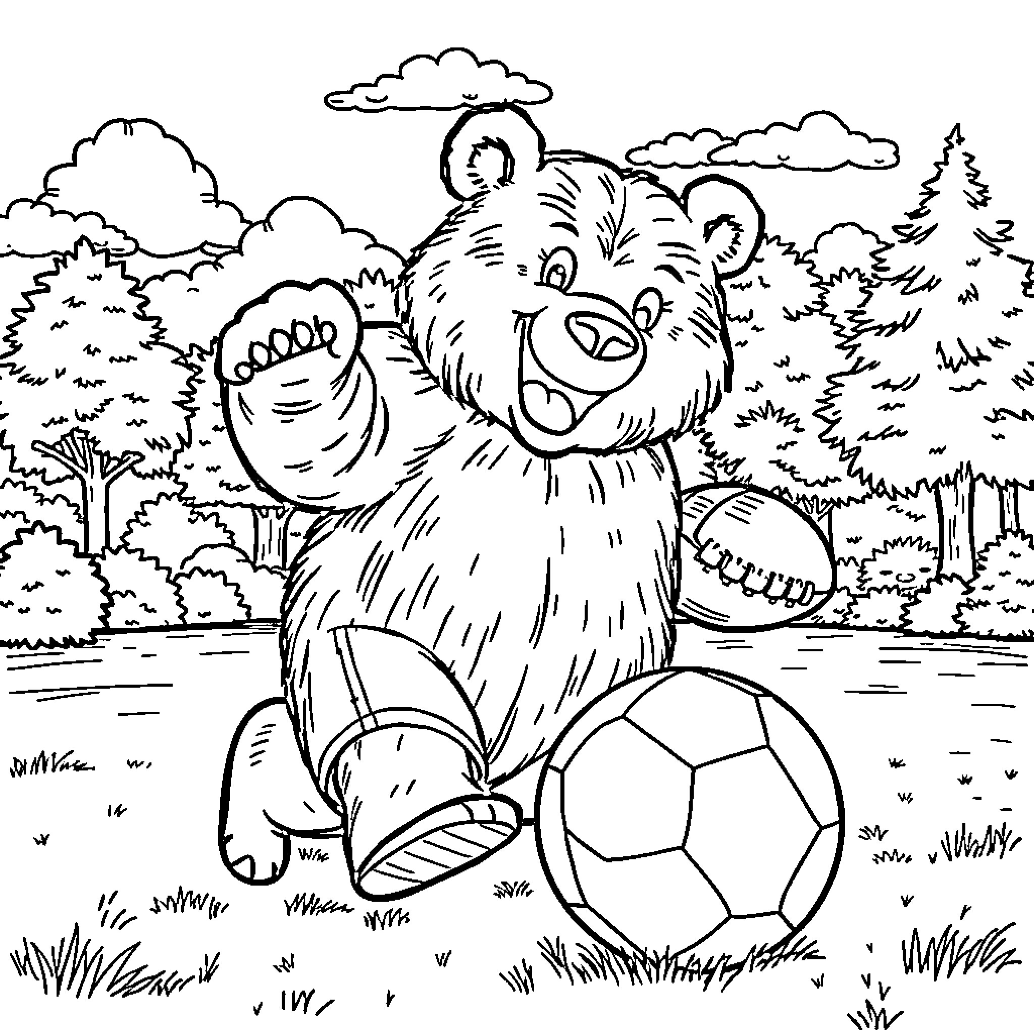 Bear playing with soccer ball in nature Coloring Page (free black-and-white line drawing printable PDF for all, from beginners to advanced learners, including children, teens, adults, and seniors)