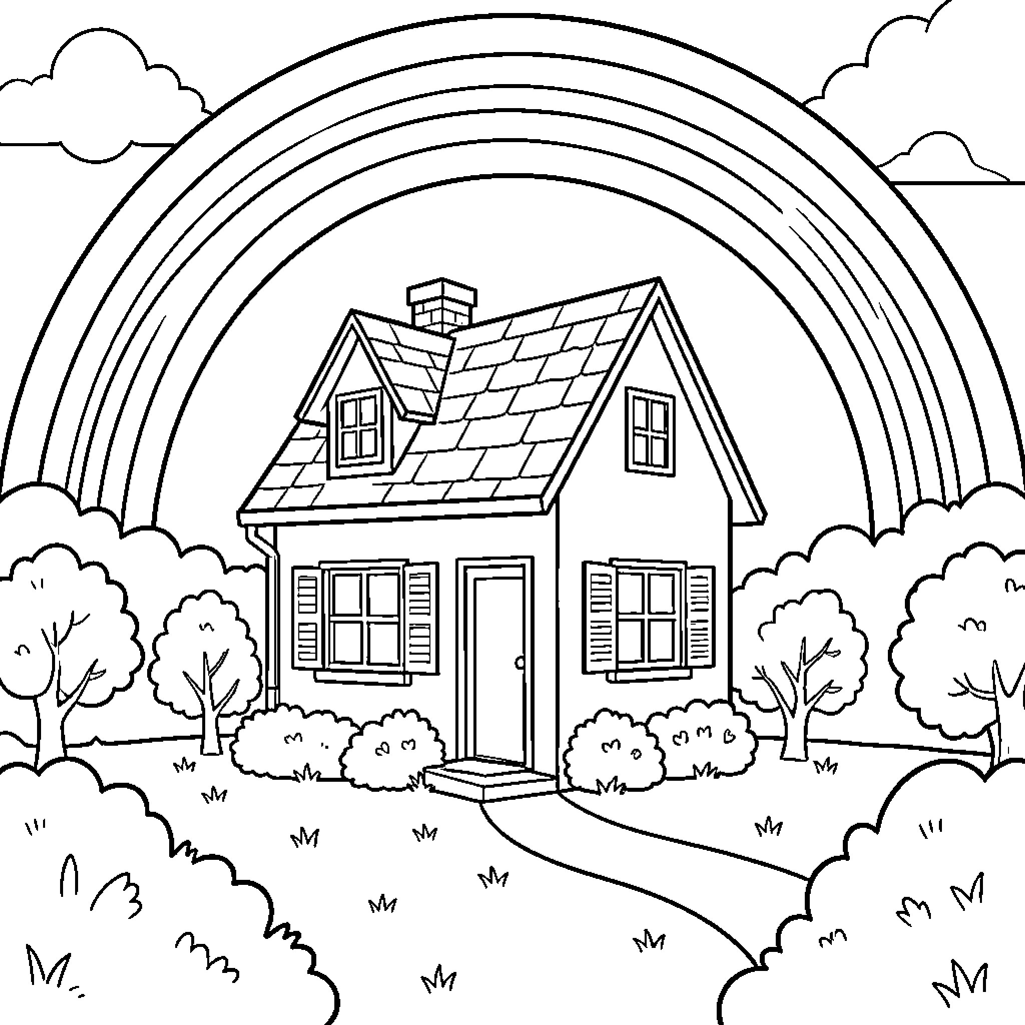 Rainbow arching over a small house in a garden Coloring Page (free black-and-white line drawing printable PDF for all, from beginners to advanced learners, including children, teens, adults, and seniors)