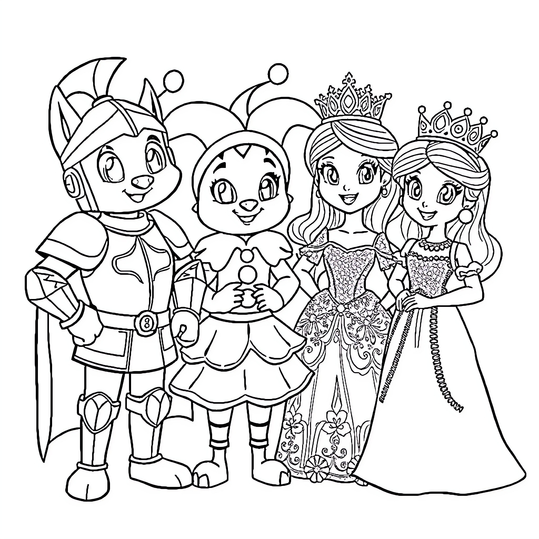 Bluey and Friends in Whimsical Adventure Coloring Page (free black-and-white line drawing printable PDF for all, from beginners to advanced learners, including children, teens, adults, and seniors)