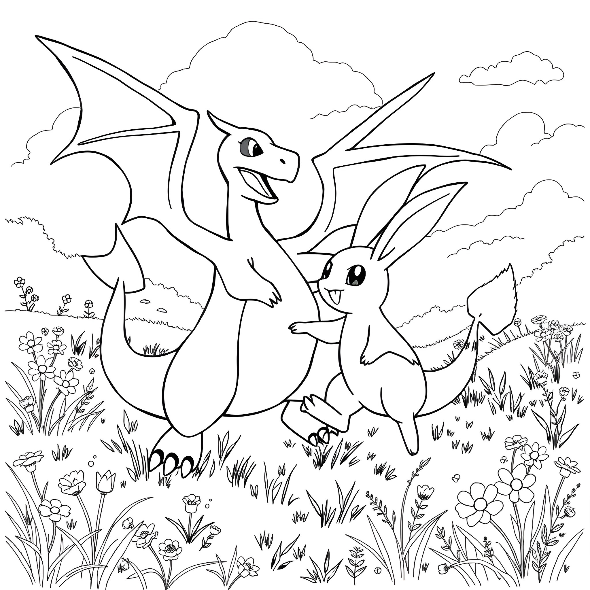 Charizard and Charmander exploring the wilderness Coloring Page (free black-and-white line drawing printable PDF for all, from beginners to advanced learners, including children, teens, adults, and seniors)