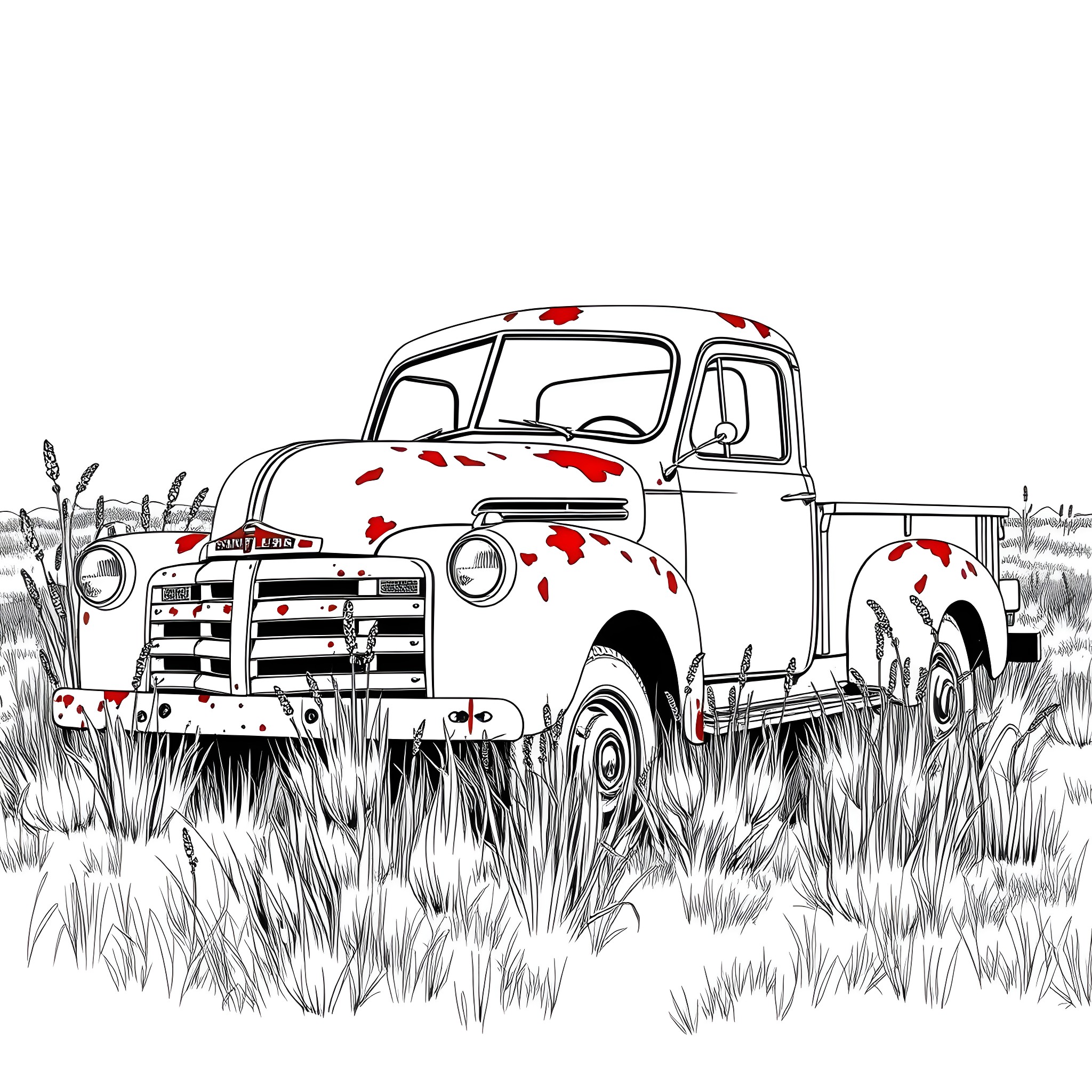 Truck in a rural field with plants Coloring Page (free black-and-white line drawing printable PDF for all, from beginners to advanced learners, including children, teens, adults, and seniors)