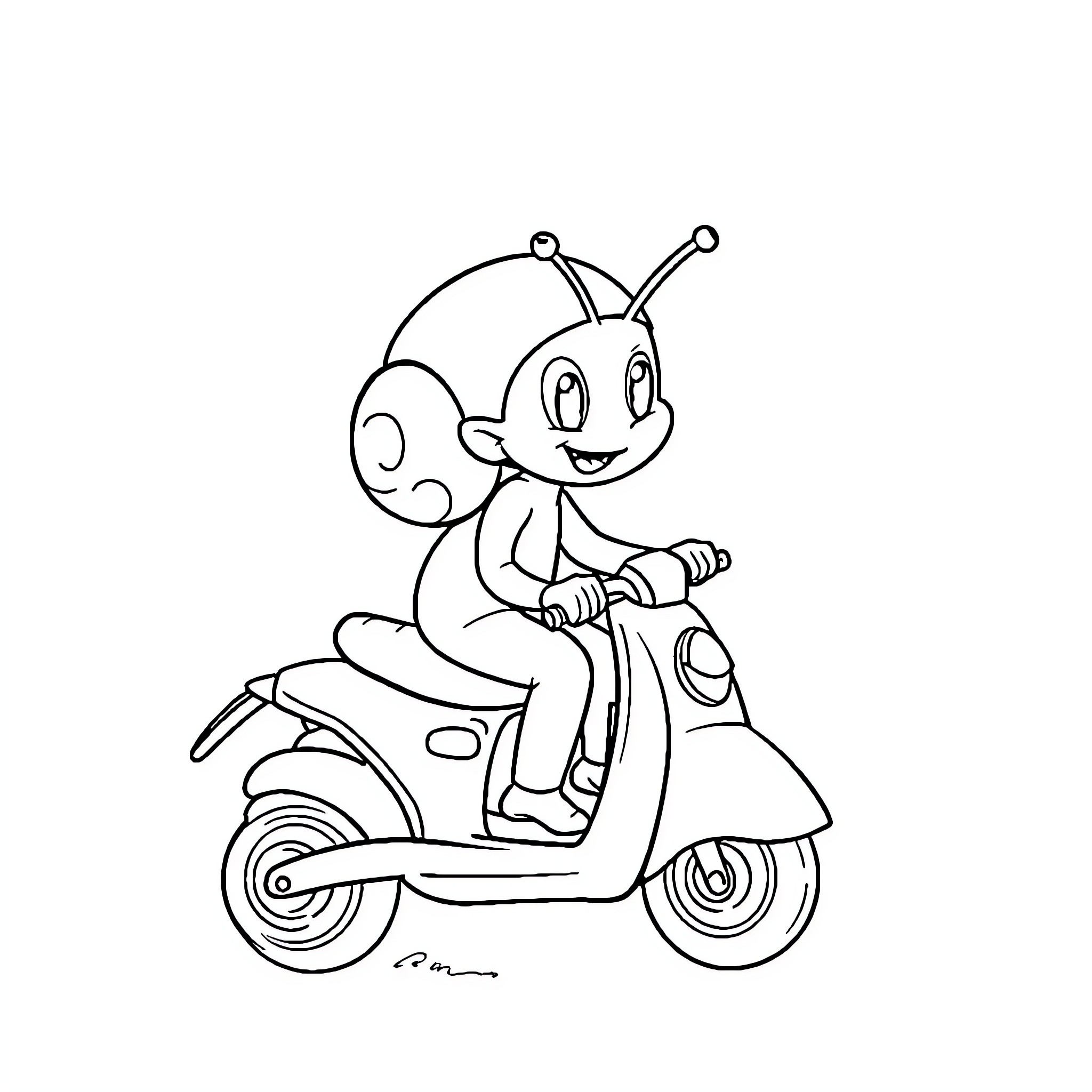 Snail riding a scooter joyfully Coloring Page (free black-and-white line drawing printable PDF for all, from beginners to advanced learners, including children, teens, adults, and seniors)