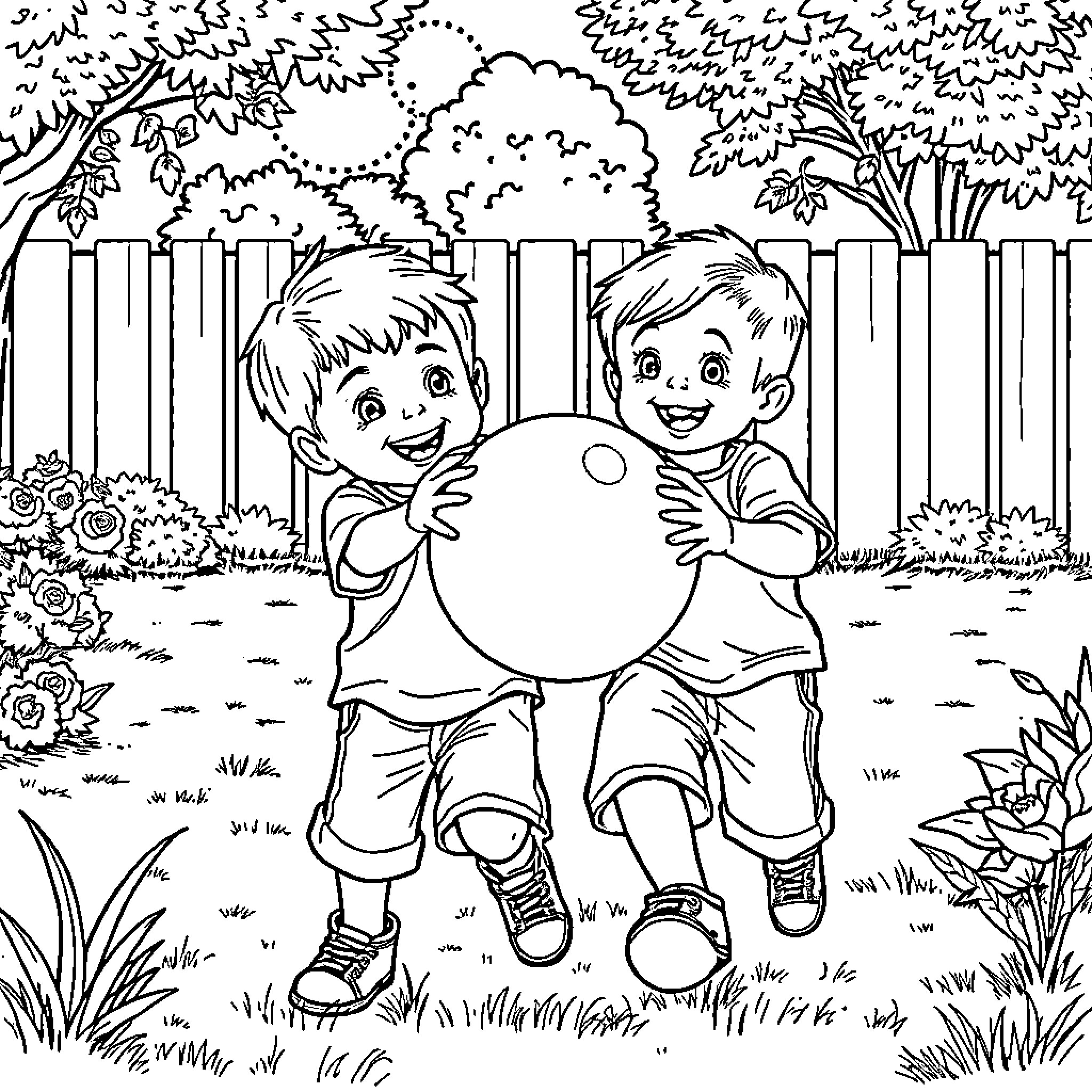 Brothers playing joyfully in the backyard Coloring Page (free black-and-white line drawing printable PDF for all, from beginners to advanced learners, including children, teens, adults, and seniors)