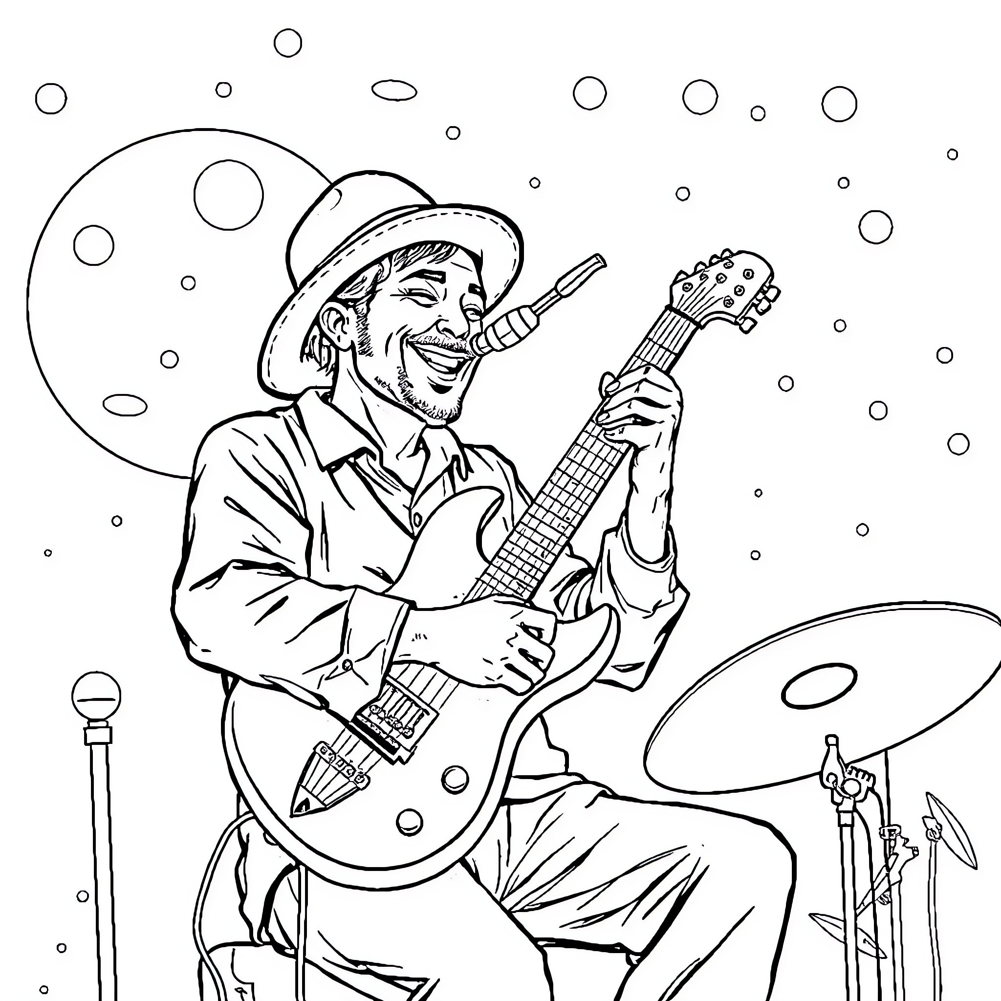 Sideman playing electric guitar on stage Coloring Page (free black-and-white line drawing printable PDF for all, from beginners to advanced learners, including children, teens, adults, and seniors)