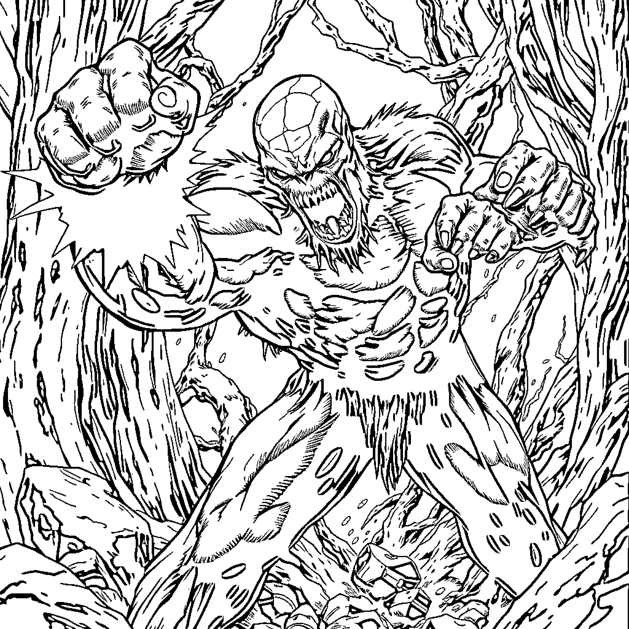 Swamp Thing Unleashing Primal Fury in the Wild Coloring Page (free black-and-white line drawing printable PDF for all, from beginners to advanced learners, including children, teens, adults, and seniors)