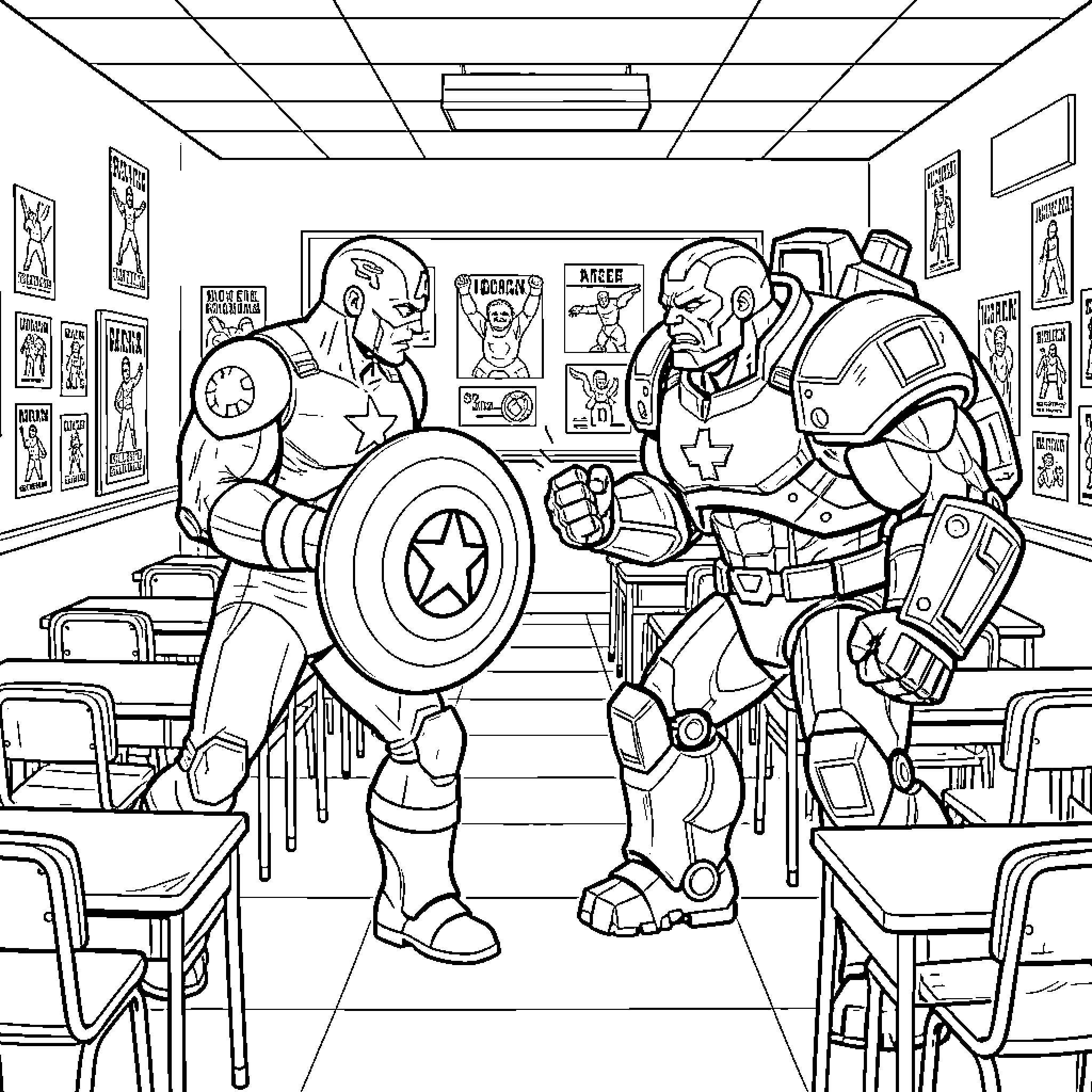 Captain America and War Machine facing off in a classroom Coloring Page (free black-and-white line drawing printable PDF for all, from beginners to advanced learners, including children, teens, adults, and seniors)