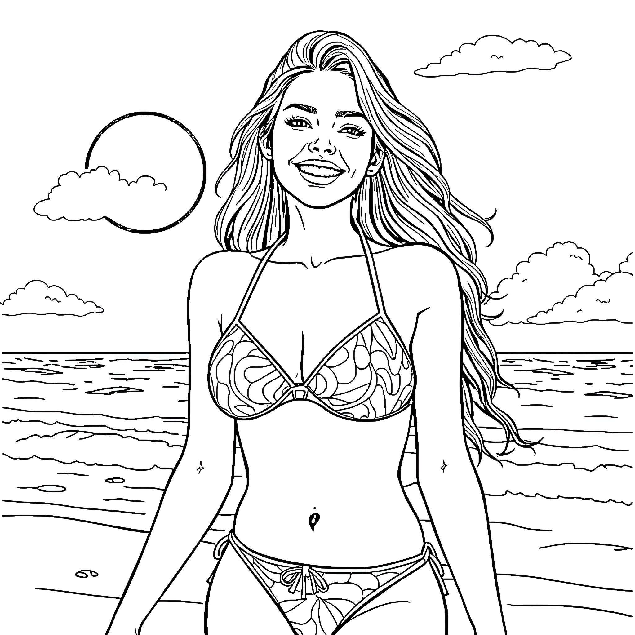 Bikini Girl enjoying the beach scenery Coloring Page (free black-and-white line drawing printable PDF for all, from beginners to advanced learners, including children, teens, adults, and seniors)