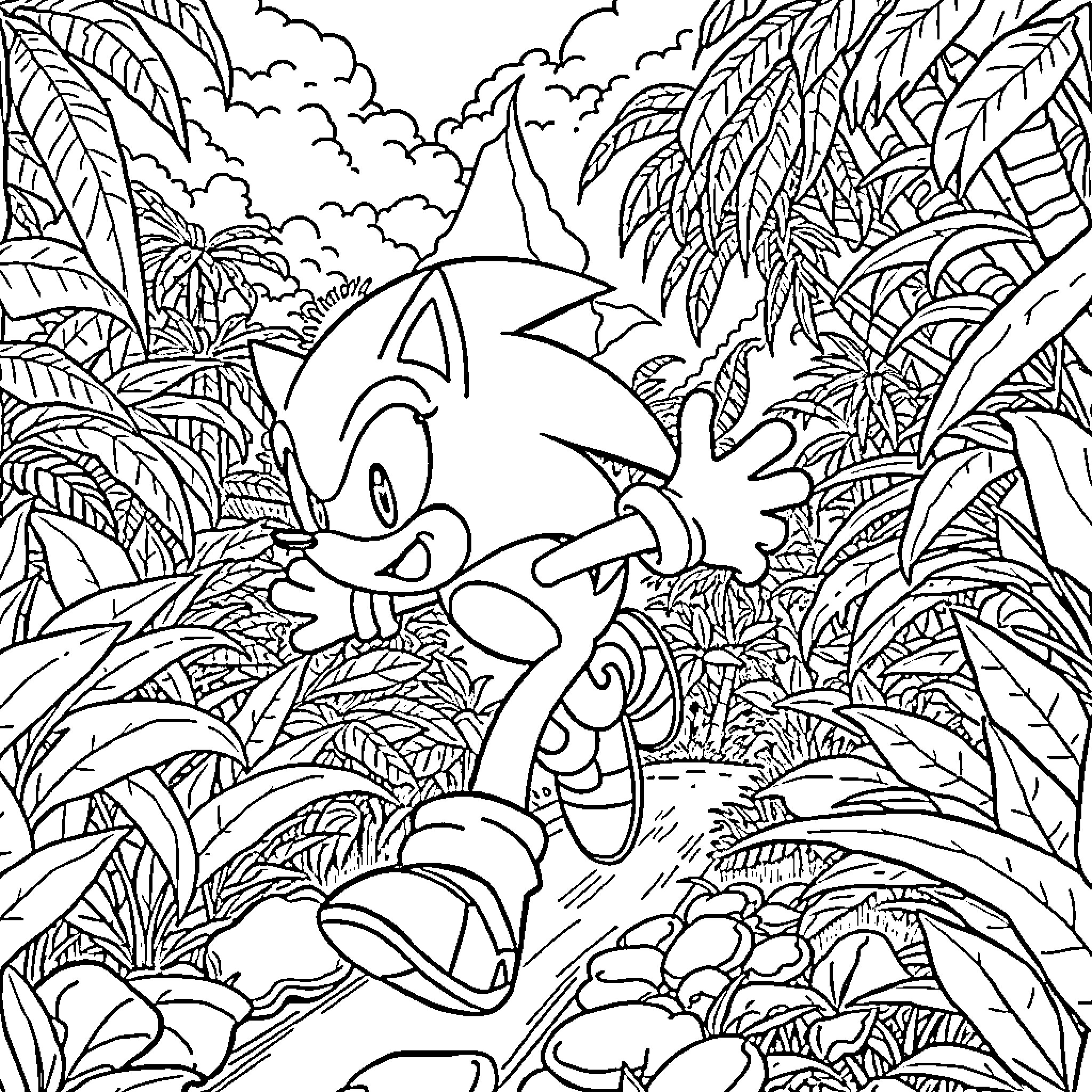 Sonic running through a lush tropical jungle landscape Coloring Page (free black-and-white line drawing printable PDF for all, from beginners to advanced learners, including children, teens, adults, and seniors)
