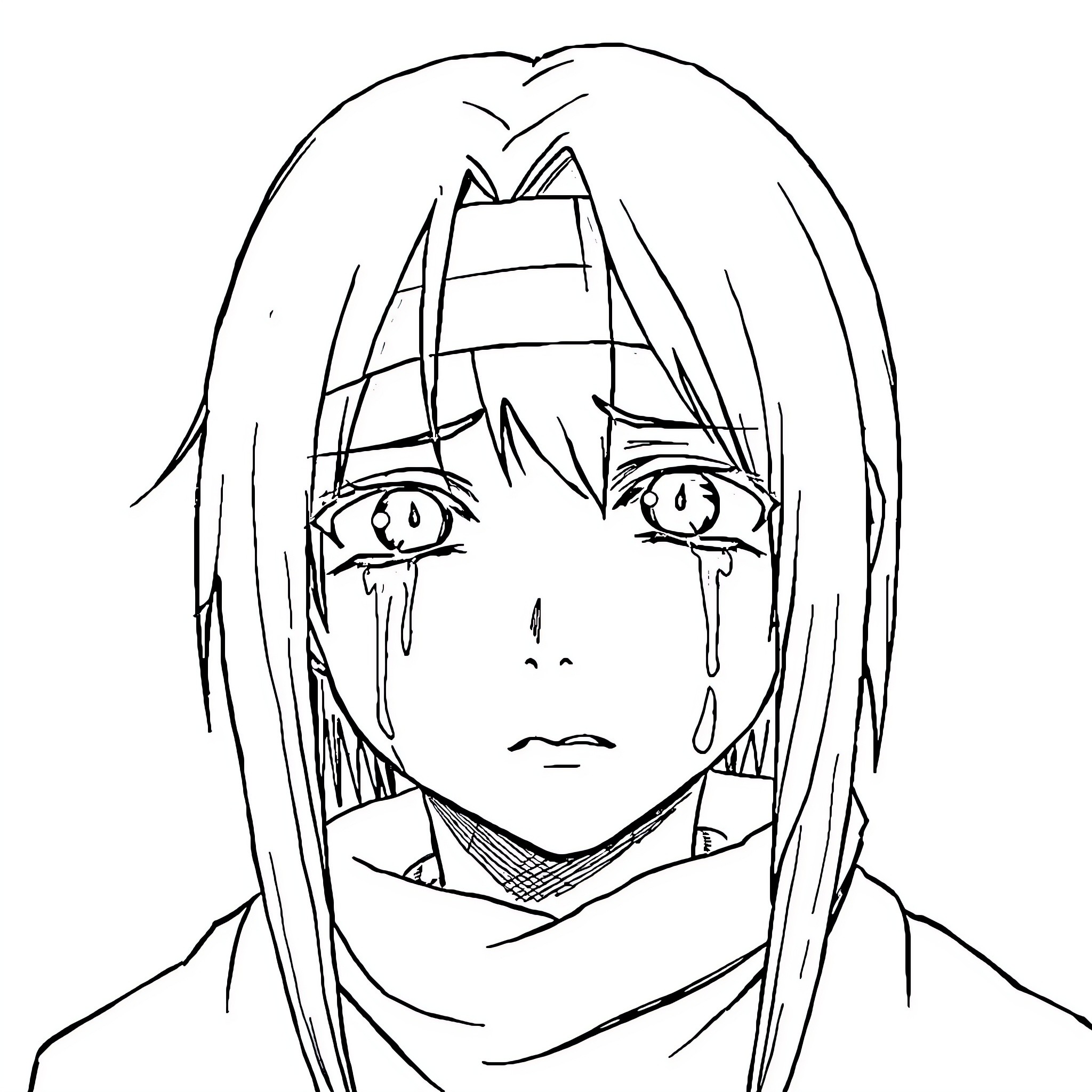 Itachi's Emotional Turmoil - A Solemn Portrait Coloring Page (free black-and-white line drawing printable PDF for all, from beginners to advanced learners, including children, teens, adults, and seniors)