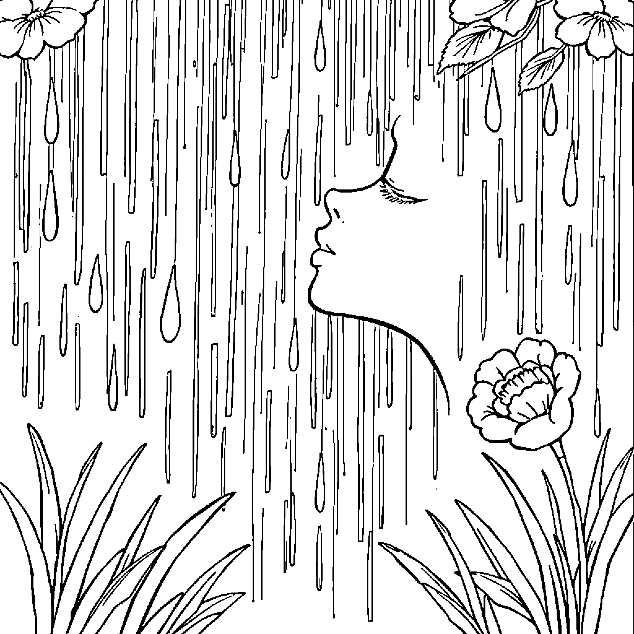 Kiss in the Rain Coloring Page (free black-and-white line drawing printable PDF for all, from beginners to advanced learners, including children, teens, adults, and seniors)