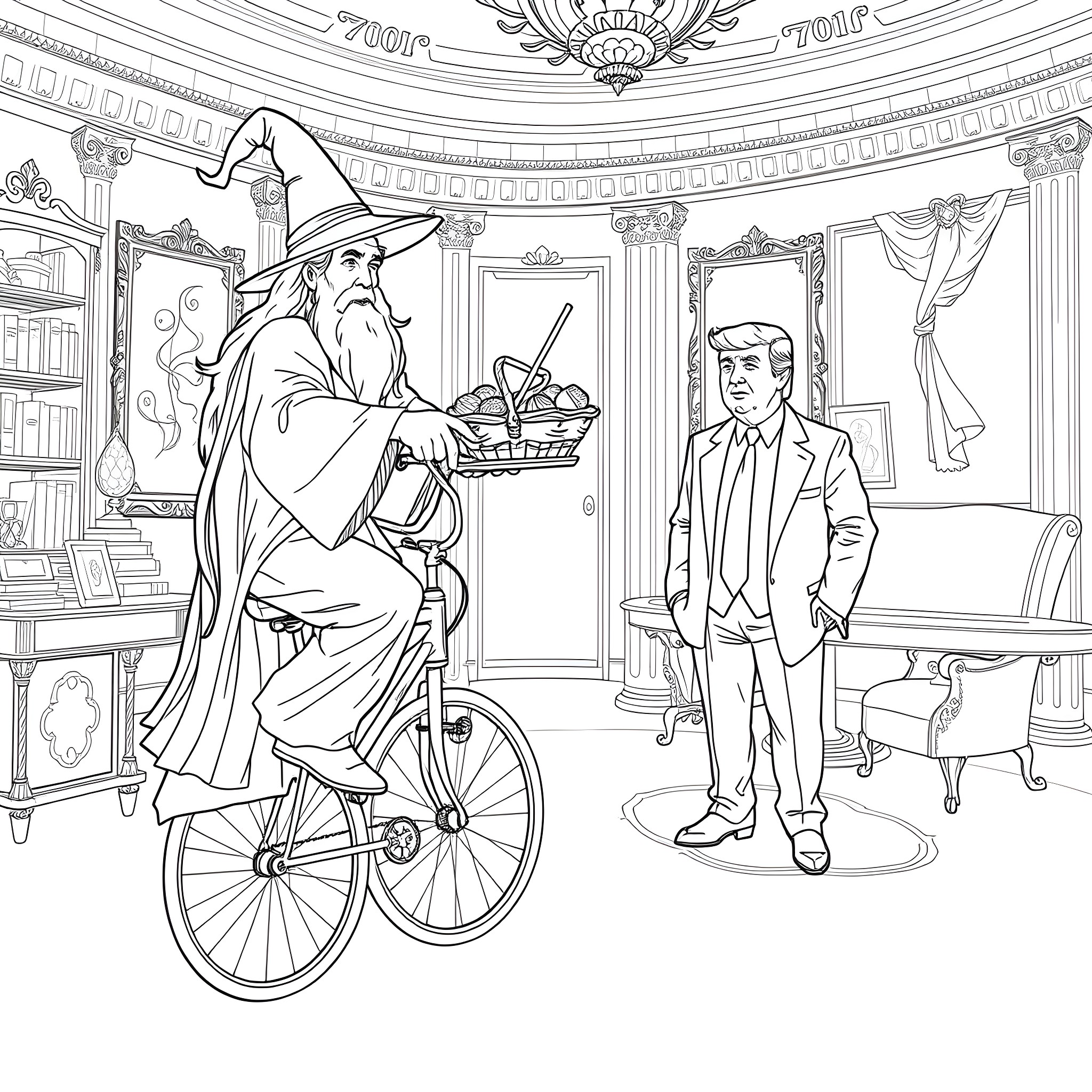 Gandalf's Magical Encounter with a Perplexed Visitor Coloring Page (free black-and-white line drawing printable PDF for all, from beginners to advanced learners, including children, teens, adults, and seniors)