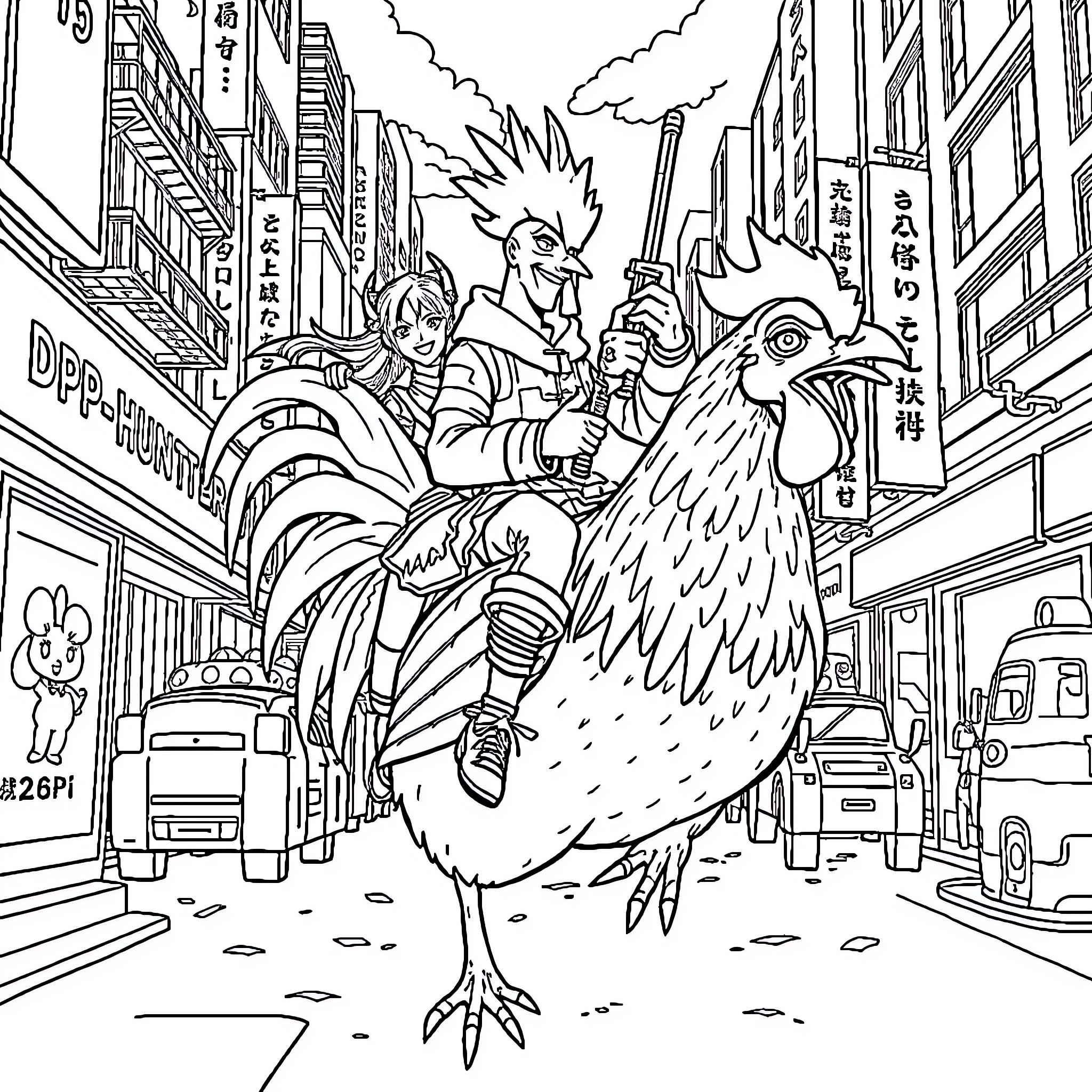 Demon Hunter Battling Enemies on Giant Rooster Coloring Page (free black-and-white line drawing printable PDF for all, from beginners to advanced learners, including children, teens, adults, and seniors)