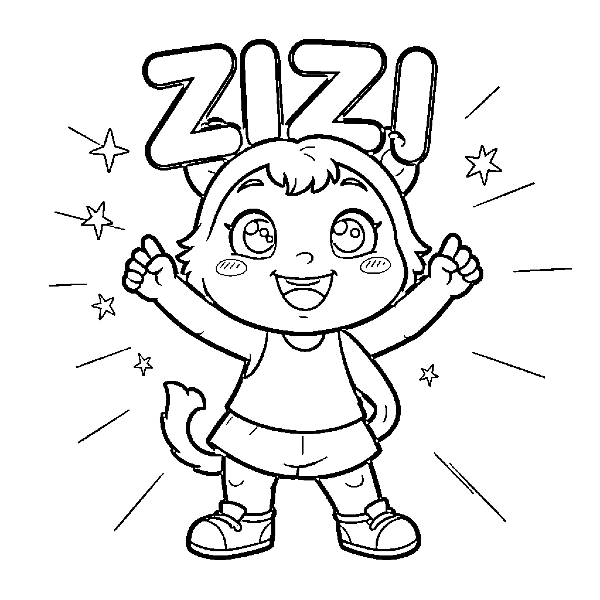 Zizi cheering excitedly with arms raised up Coloring Page (free black-and-white line drawing printable PDF for all, from beginners to advanced learners, including children, teens, adults, and seniors)