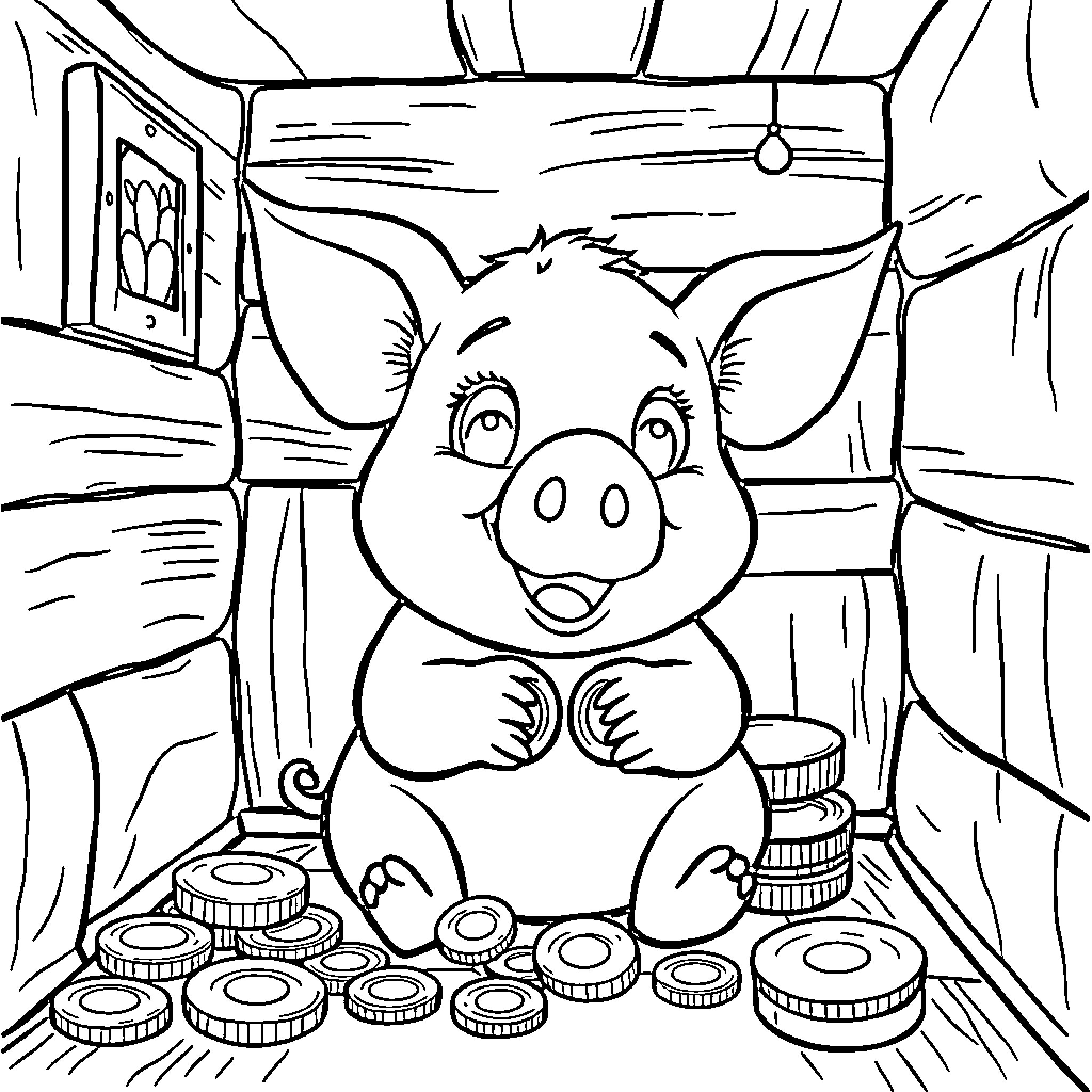Pig enjoying sweets in cozy room Coloring Page (free black-and-white line drawing printable PDF for all, from beginners to advanced learners, including children, teens, adults, and seniors)