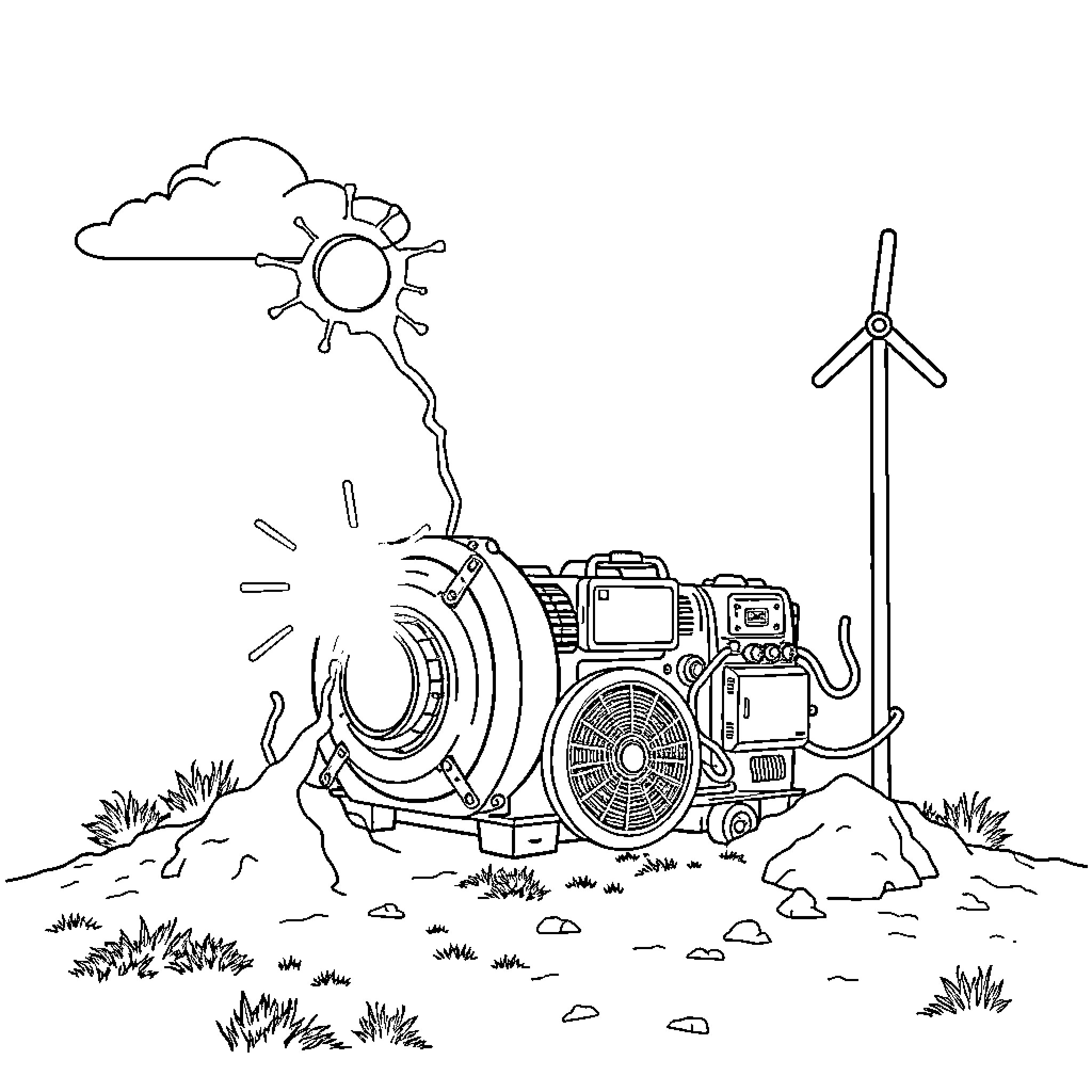 Generator powering machinery in nature Coloring Page (free black-and-white line drawing printable PDF for all, from beginners to advanced learners, including children, teens, adults, and seniors)