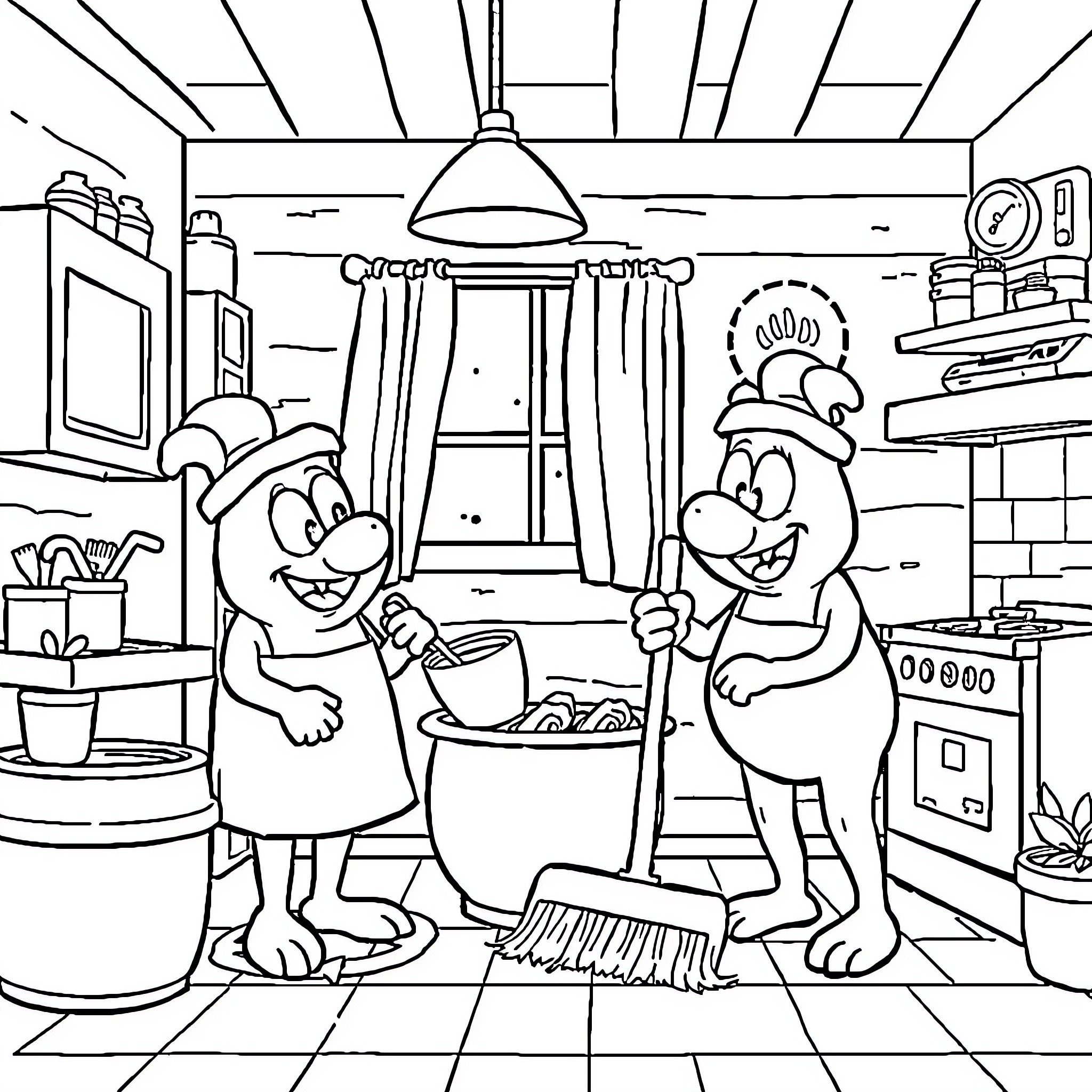 Brainrot Cleaning Capers: Cartoon Characters at Work Coloring Page (free black-and-white line drawing printable PDF for all, from beginners to advanced learners, including children, teens, adults, and seniors)